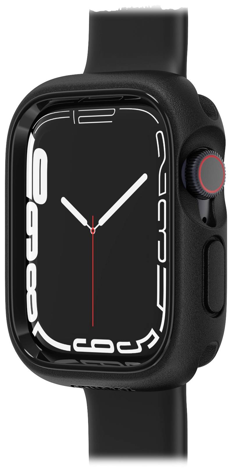 Czarny smartwatch z kwadratową tarczą, dużym wyświetlaczem, czerwonym akcentem na koronce i czarnym paskiem.