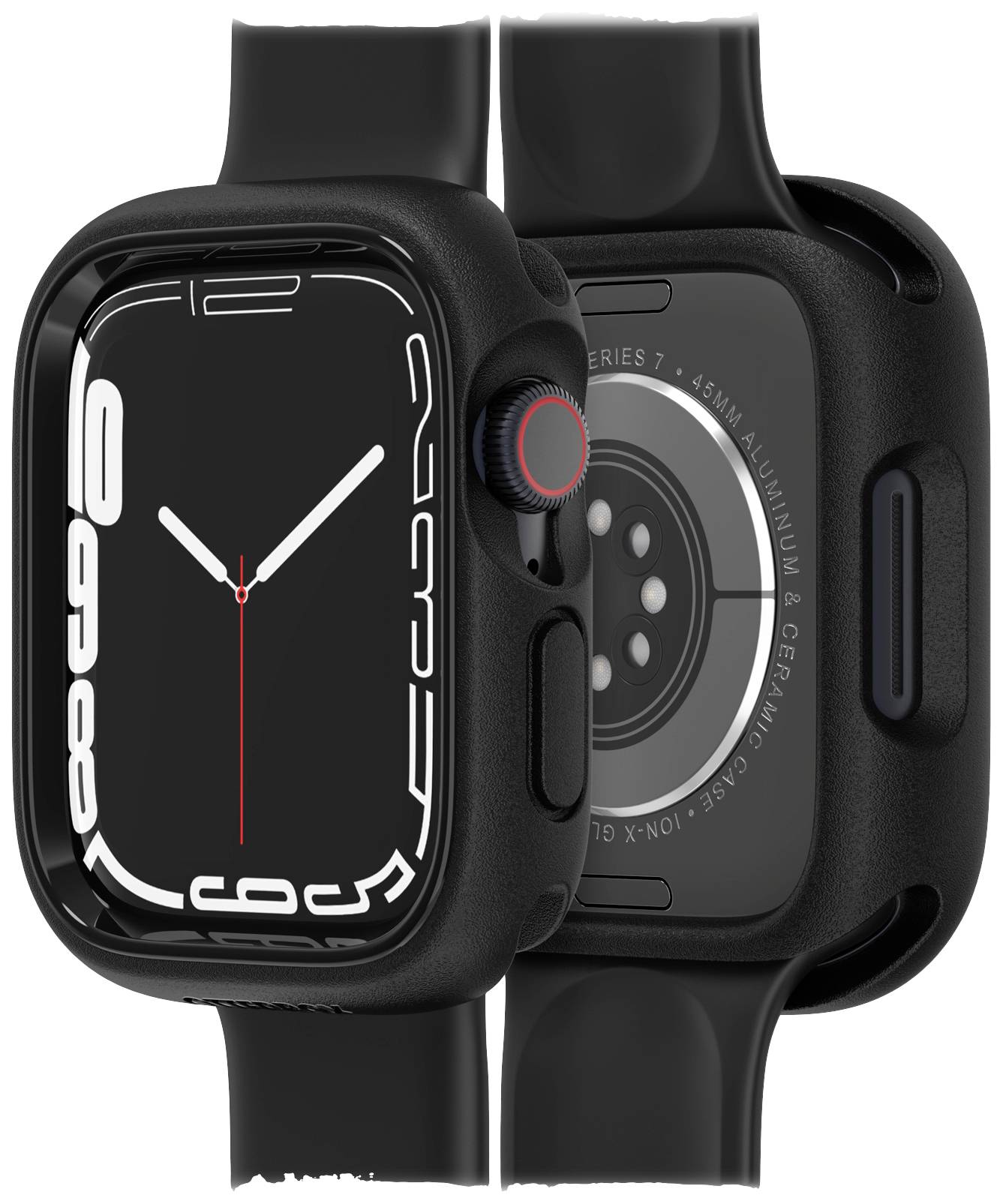 Dwie inteligentne zegarki z czarną obudową i paskiem. Jeden pokazuje godzinę, drugi widok tylnej części z czujnikami.