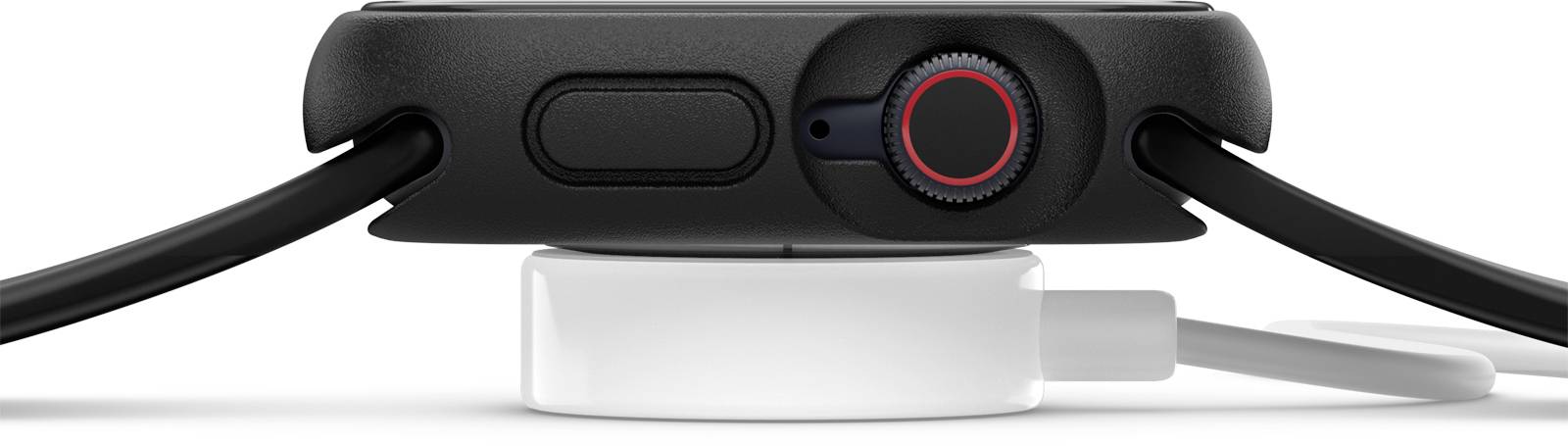 Smartwatch w widoku z boku na ładowarce, widoczny kabel ładujący i przycisk sterowania.