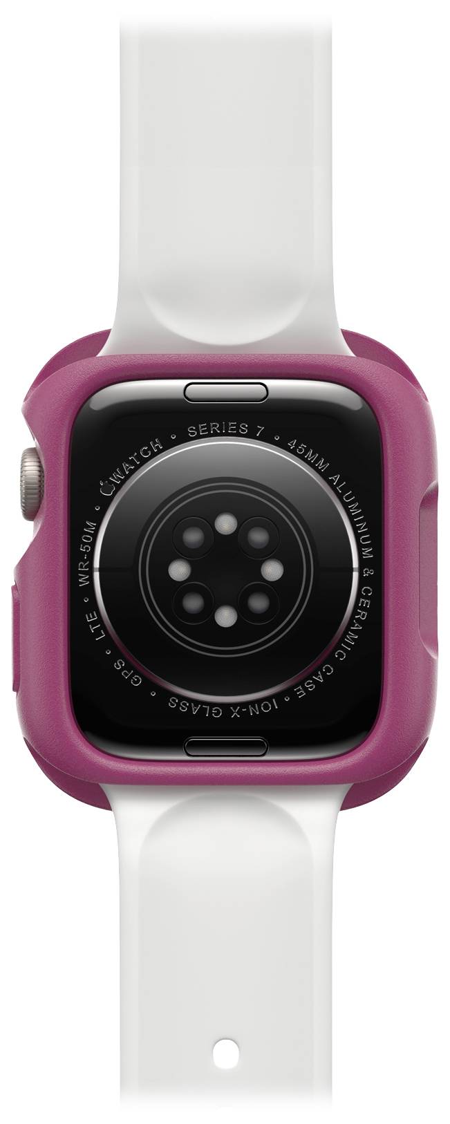 Smartwatch z okrągłym czujnikiem na tylnej obudowie, czerwona obudowa, biały pasek.