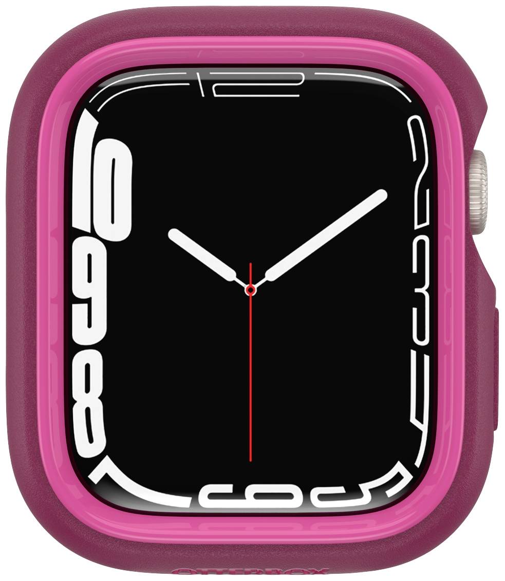 Smartwatch z różowym obudową i cyfrową tarczą. Białe cyfry i czerwone wskazówki na czarnym tle.