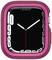 Smartwatch z różowym obudową i cyfrową tarczą. Białe cyfry i czerwone wskazówki na czarnym tle.