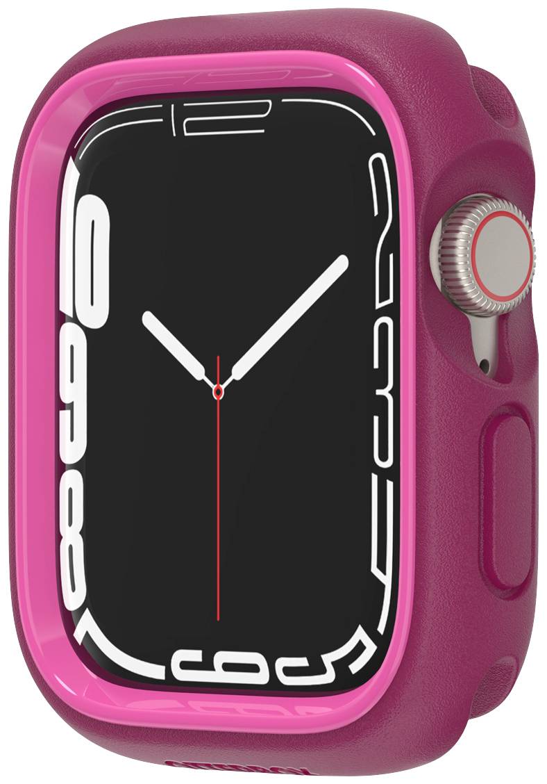 Różowy smartwatch z czarną tarczą i białymi cyframi, czerwoną sekundową wskazówką oraz cyfrową koronką z boku.