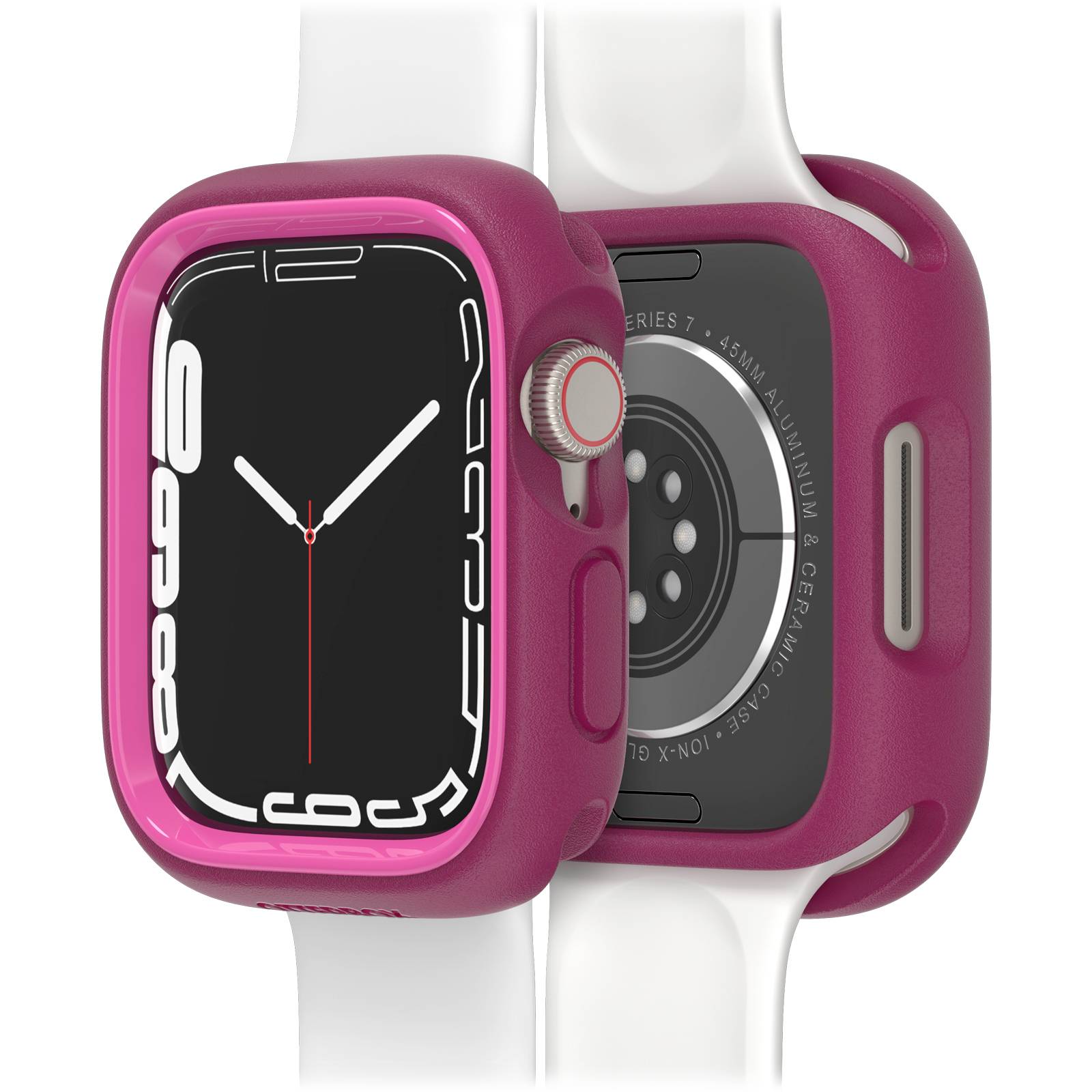 Dwie perspektywy smartwatcha w różowym etui. Widok z przodu przedstawia tarczę zegarka; widok z tyłu pokazuje obszar czujników.