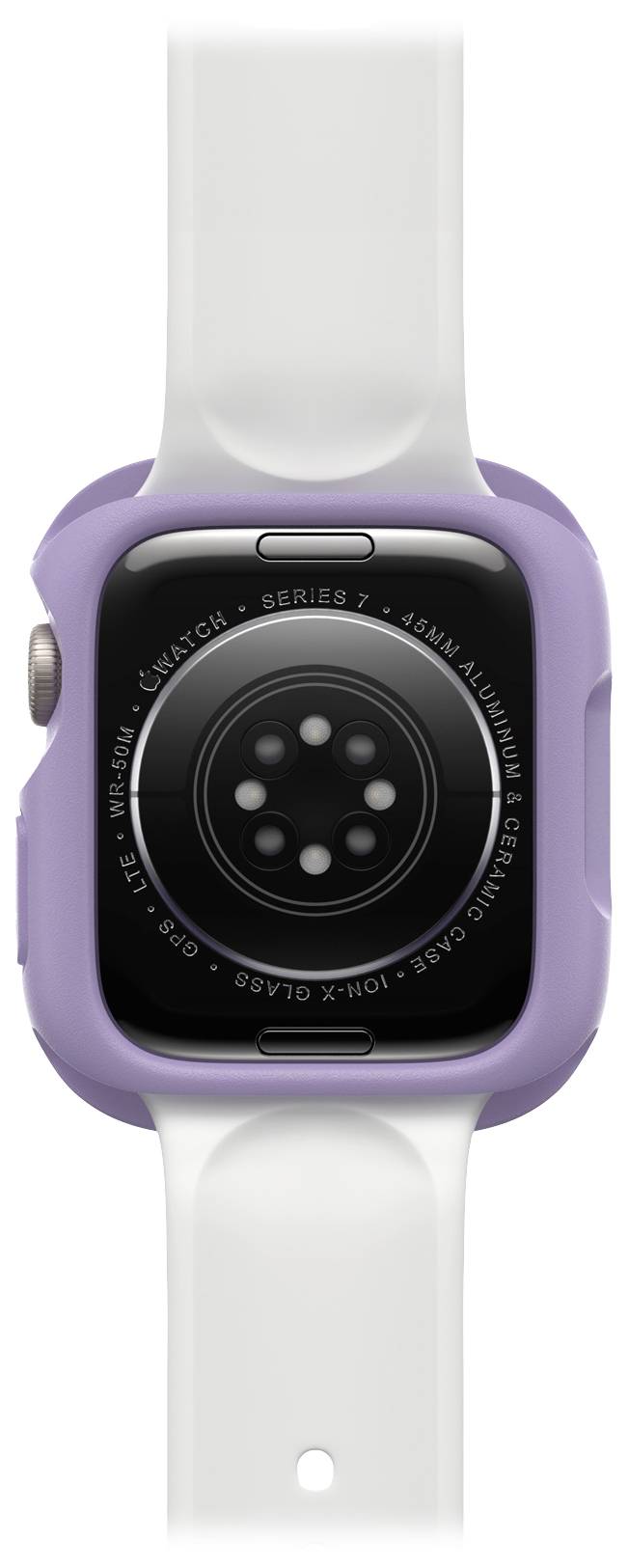 Tylna strona smartwatcha w fioletowej obudowie. Widoczne są czujniki tętna oraz złącze ładowania, pasek jest biały.