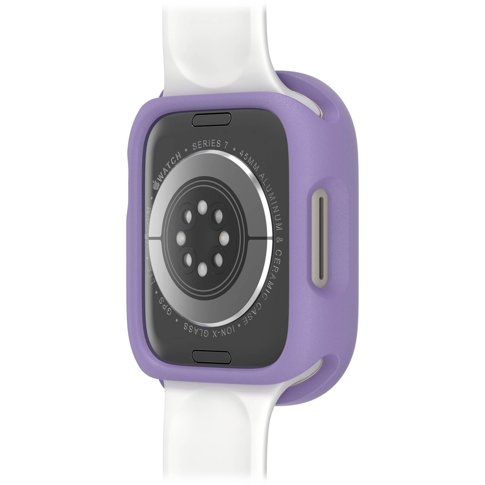 Inteligentny zegarek z fioletową obudową i białym paskiem, widoczny od tyłu z widocznymi sensorami.