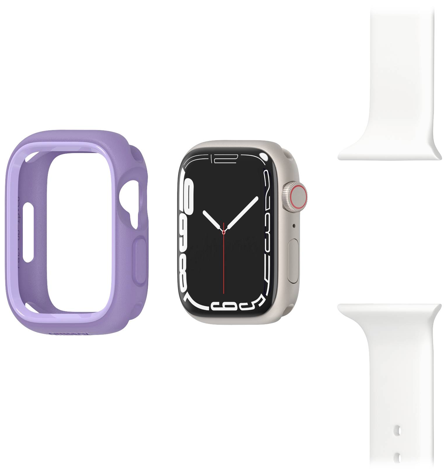 Smartwatch z fioletową obudową i białym paskiem