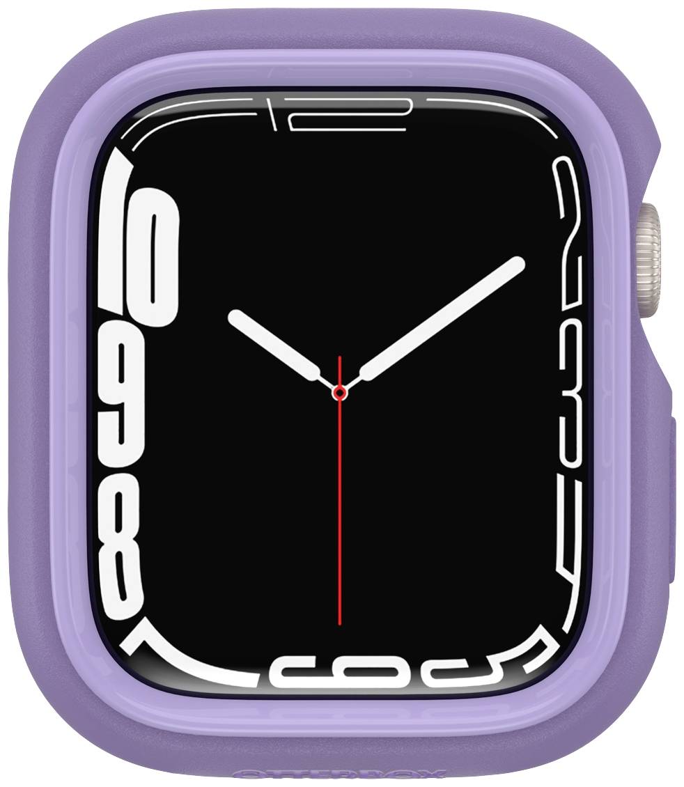 Cyfrowy zegarek na rękę z czarną tarczą i białym, futurystycznym wyświetlaczem liczb. Czerwona wskazówka sekundowa, fioletowa koperta.