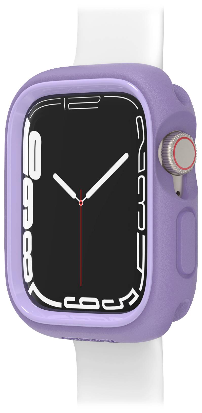Inteligentny zegarek z prostokątnym wyświetlaczem w fioletowej obudowie wskazuje aktualny czas. Pasek jest biały.
