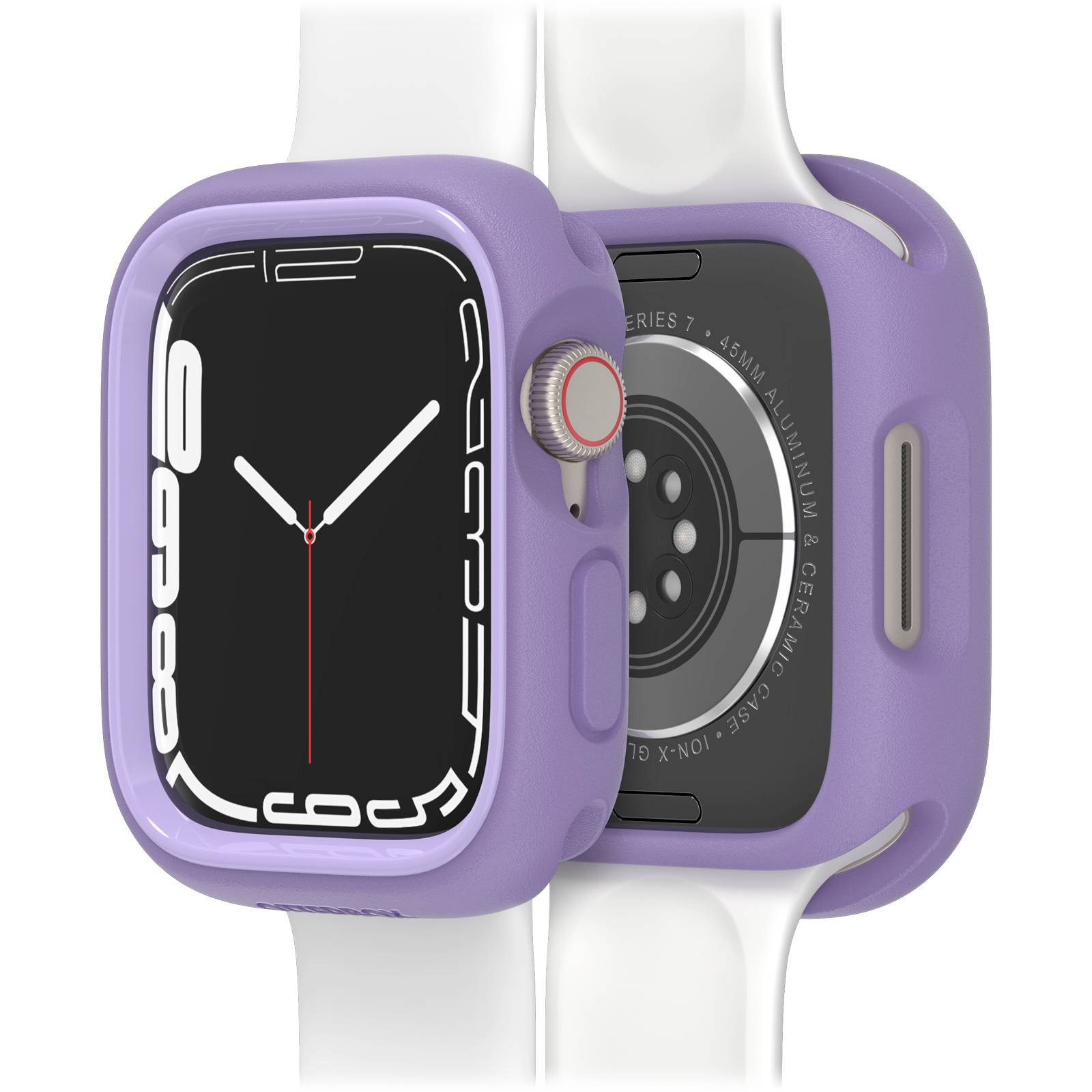 Smartwatch w fioletowej obudowie i białym pasku. Wyświetla godzinę na czarnej tarczy z białymi wskazówkami. Widok tyłu zegarka.