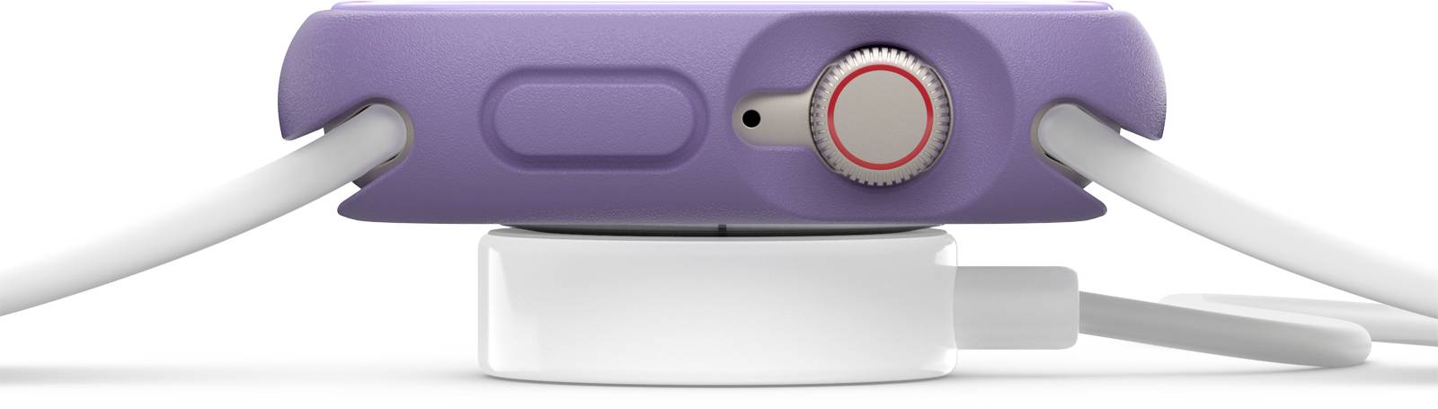 Fioletowy zegarek w ujęciu z bliska, leżący bokiem na białej bezprzewodowej ładowarce. Widoczna cyfrowa korona i złącze.