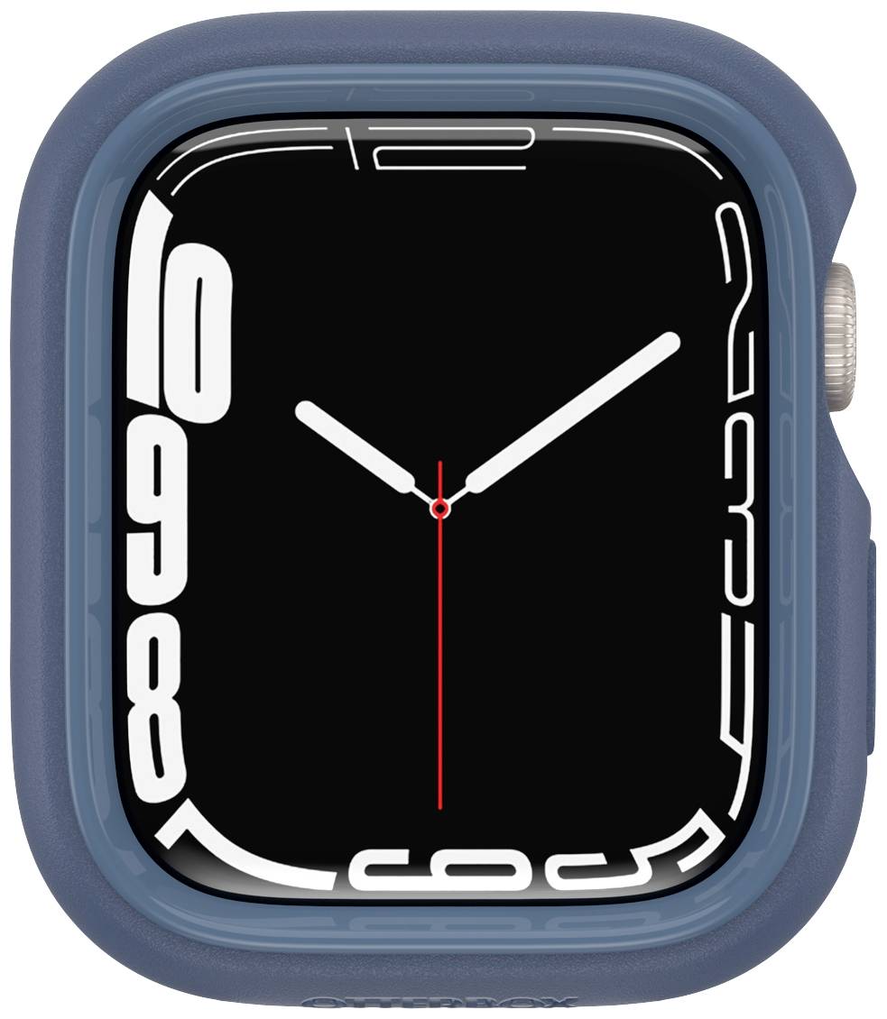 Cyfrowy zegarek na rękę z czarną tarczą i białymi, futurystycznymi cyframi. Niebieski korpus otacza wyświetlacz.