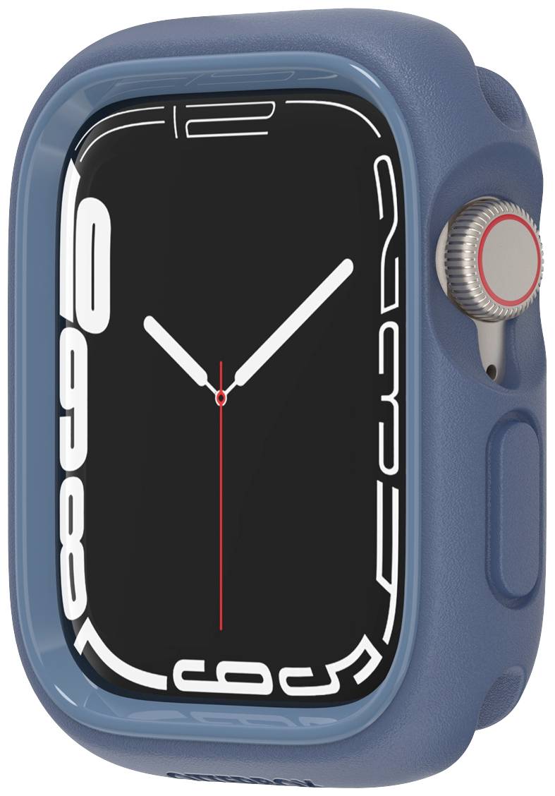 Smartwatch z niebieską obudową i czarną tarczą. Wyświetlacz pokazuje czas analogowy, białe cyfry i czerwone wskazówki.