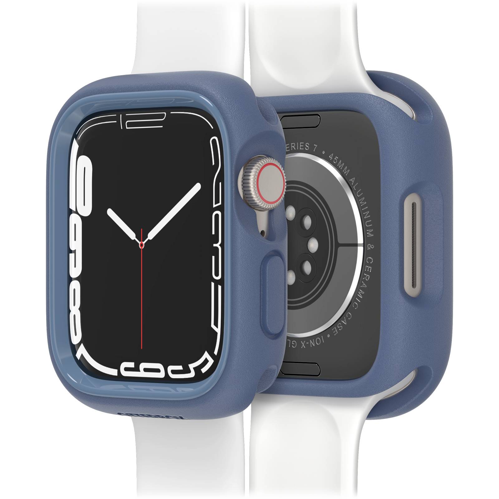 Smartwatch z niebieską obudową i białym paskiem. Wyświetla cyfrową tarczę zegarową z białymi wskazówkami i oznaczeniami.