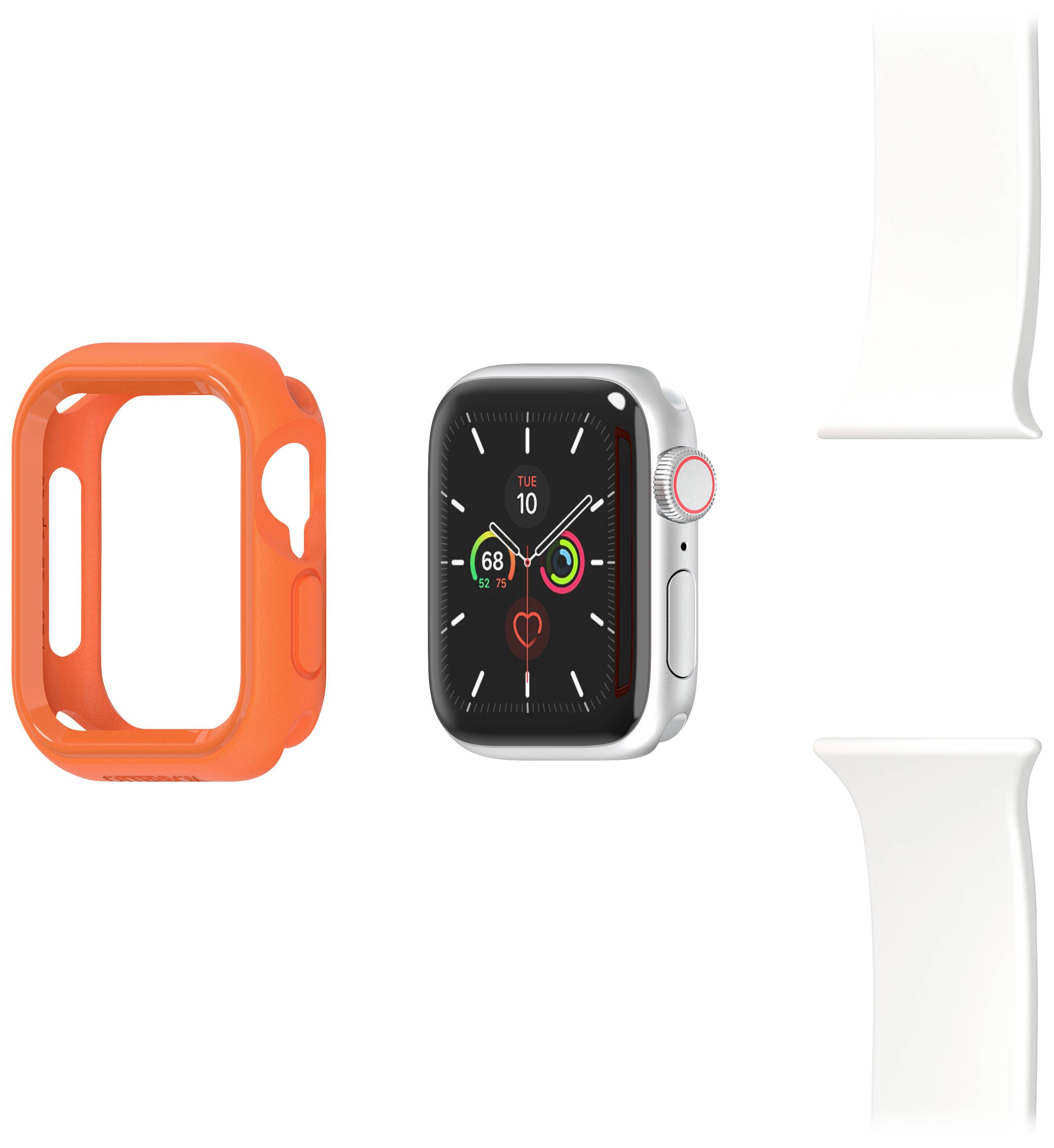 Etui ochronne i Apple Watch w białym i pomarańczowym designie, z wyświetlaczem pokazującym częstotliwość tętna.