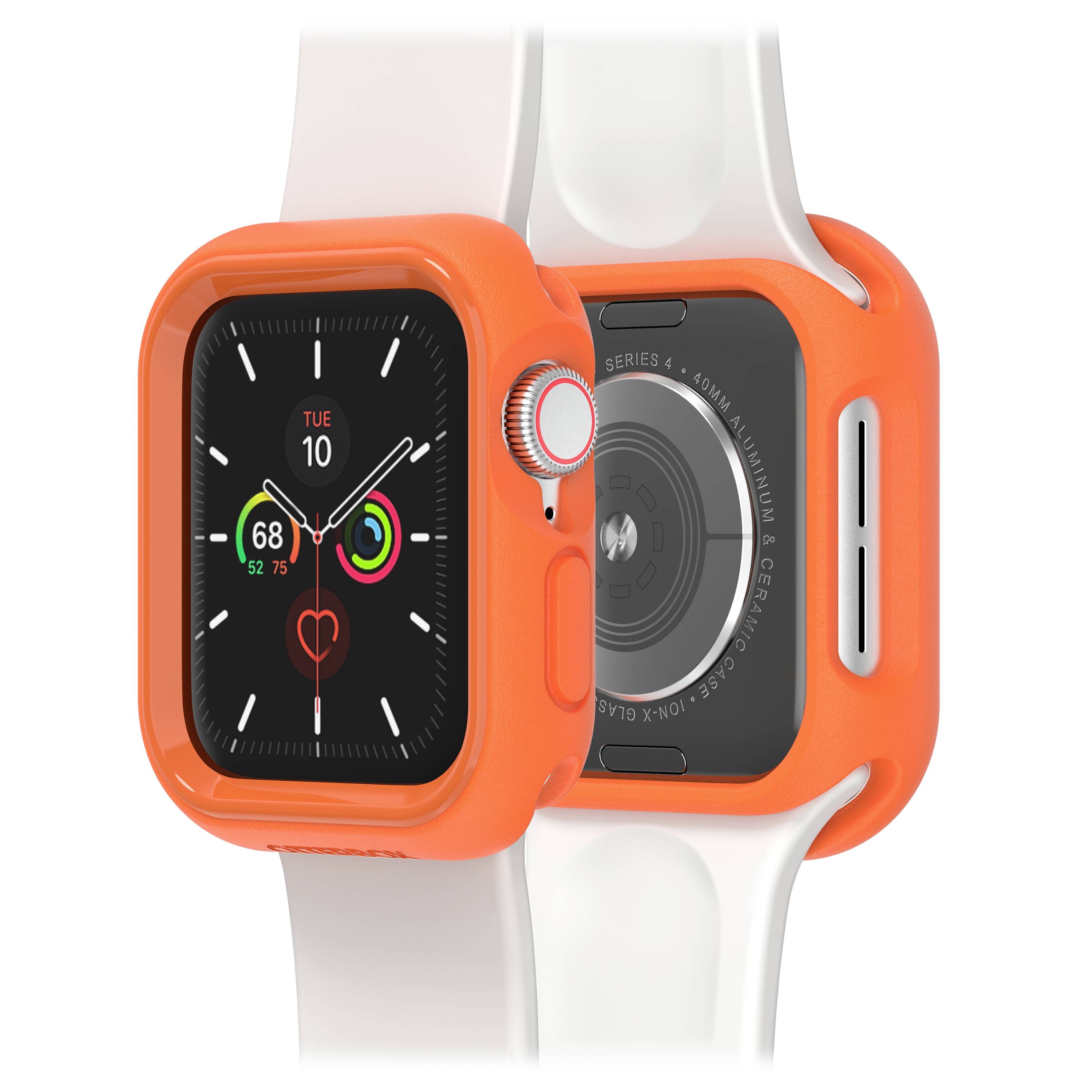 Smartwatch z białym paskiem i pomarańczową obudową wyświetla godzinę, datę i dane zdrowotne na ekranie.