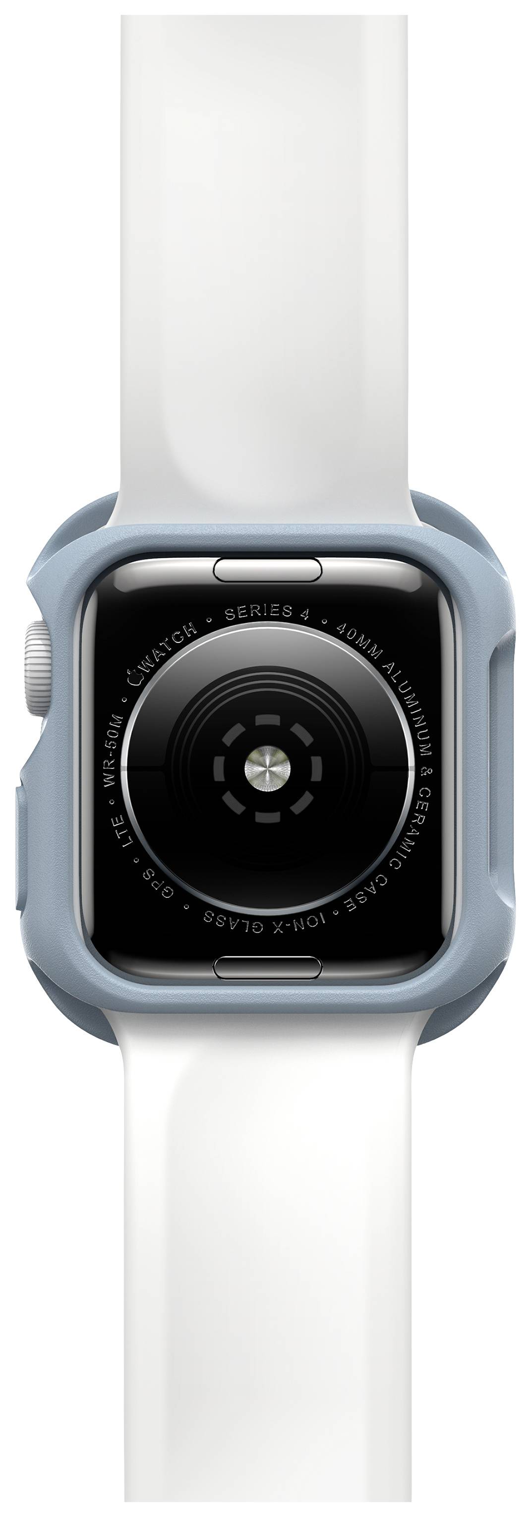 Tył smartwatcha z białym paskiem i szarą obudową. Widoczne są czujniki i informacje o urządzeniu.