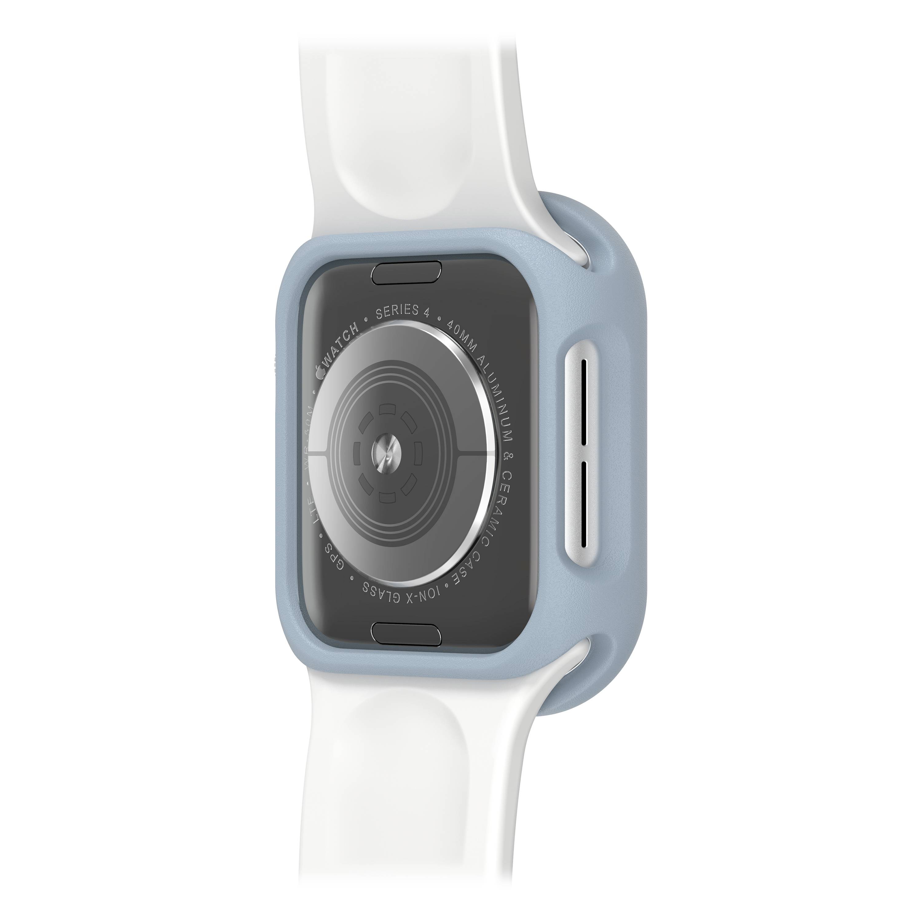 Smartwatch widziana z boku, pokazująca obudowę i czujnik na tylnej stronie. Biały pasek i szara obudowa.