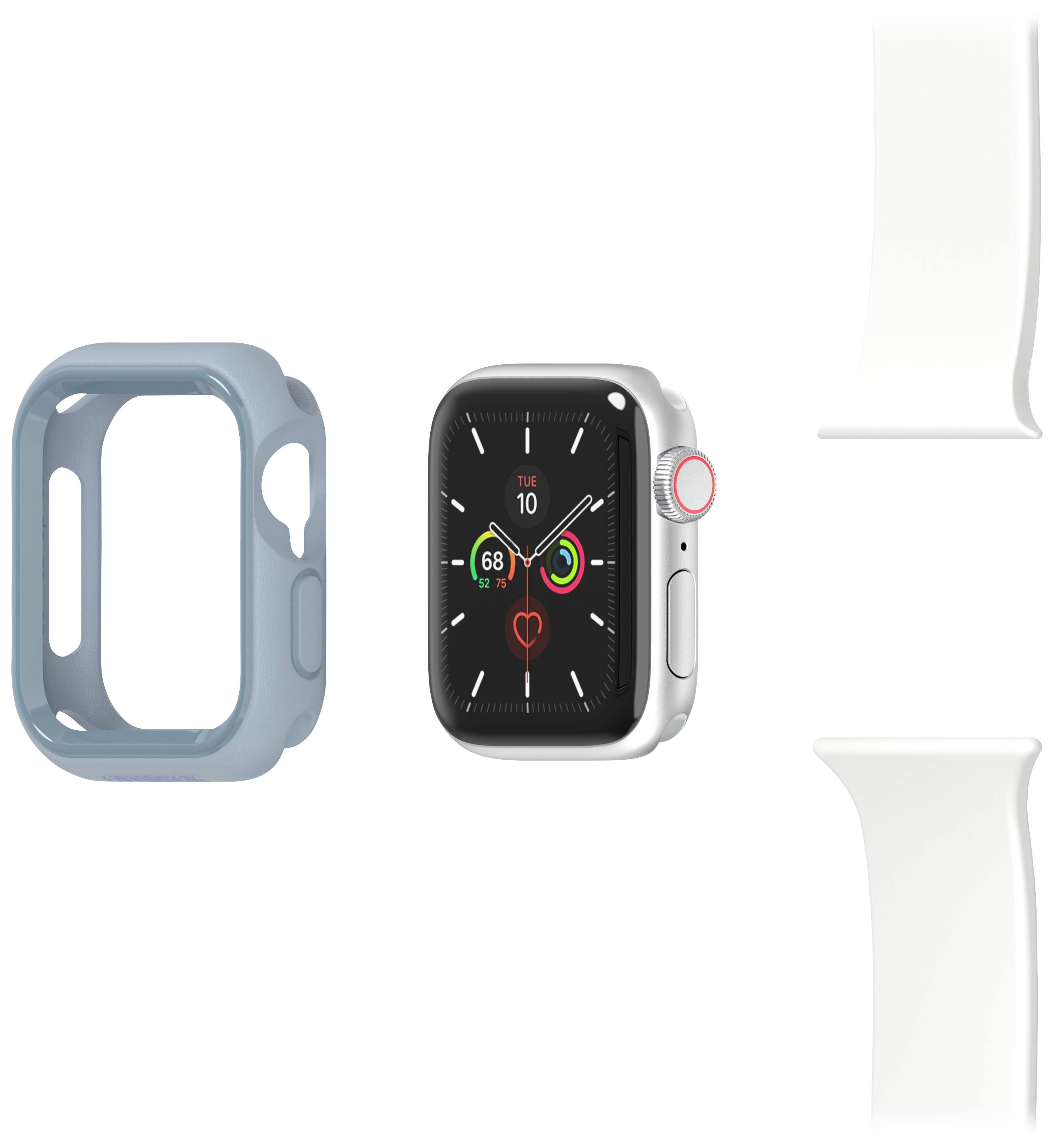 Srebrny smartwatch z czarną tarczą i kolorowymi wyświetlaczami, obok niebieskie etui i dwa białe paski.