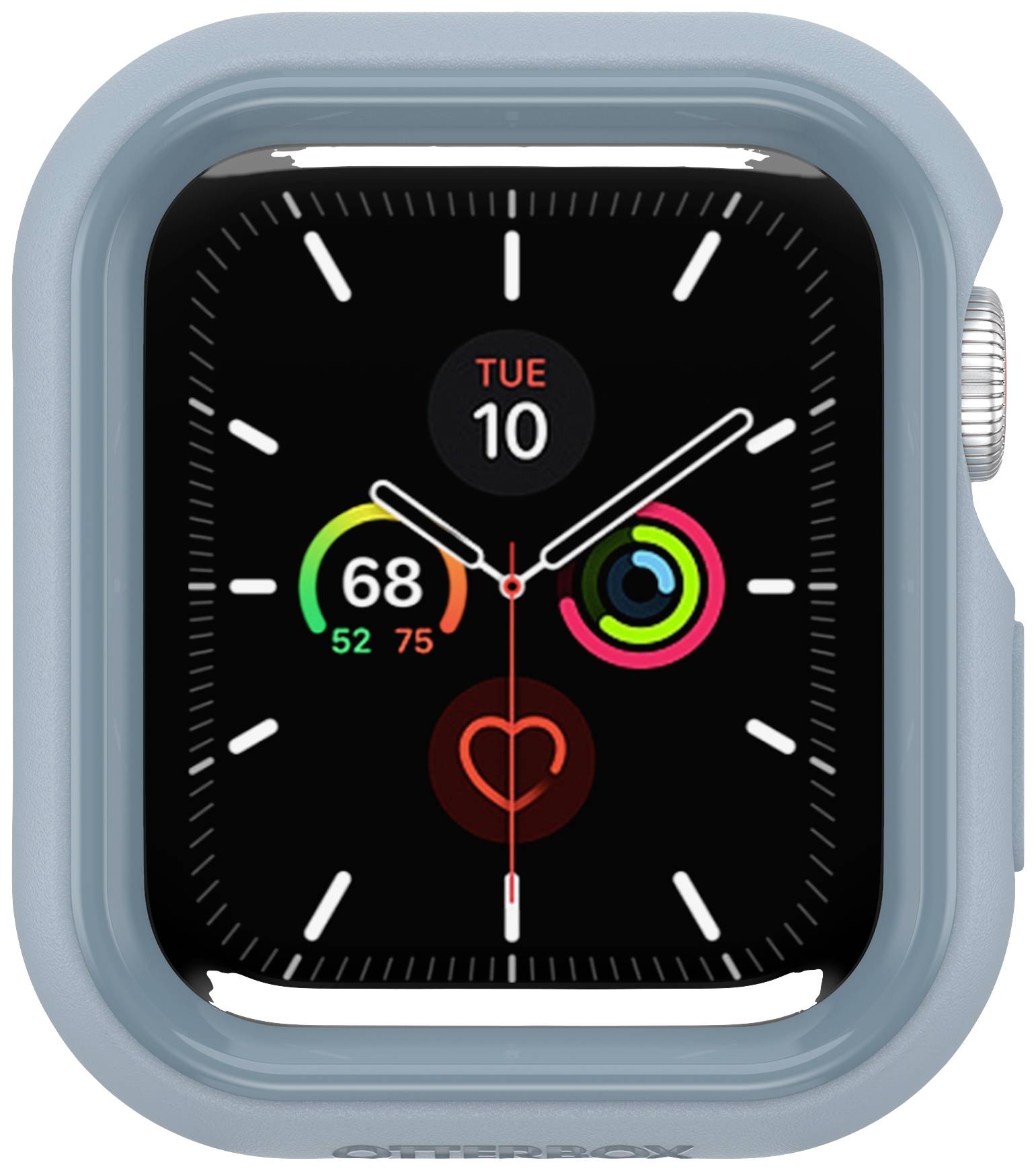 Zegarek Apple Watch z czarną tarczą, wskazówki pokazujące godzinę 10:09. Na wyświetlaczu widoczne są pierścienie aktywności zdrowotnej i symbol serca.