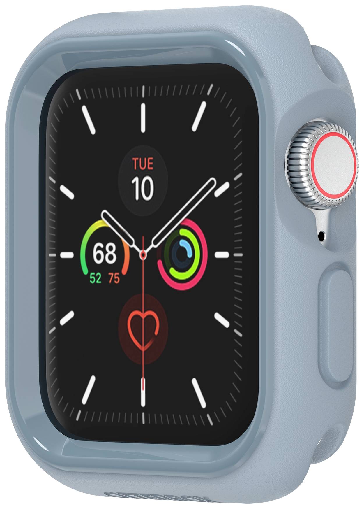 Smartwatch z szarą obudową. Na wyświetlaczu widnieje data "WTO 10" wraz z informacjami o aktywności fizycznej i tętnie.