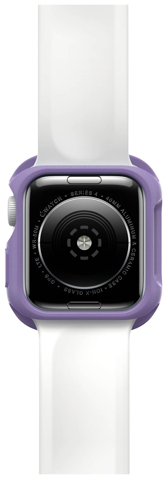 Smartwatch o fioletowej obudowie i białym pasku, z tyłu widoczne są czujniki i informacje o serii.