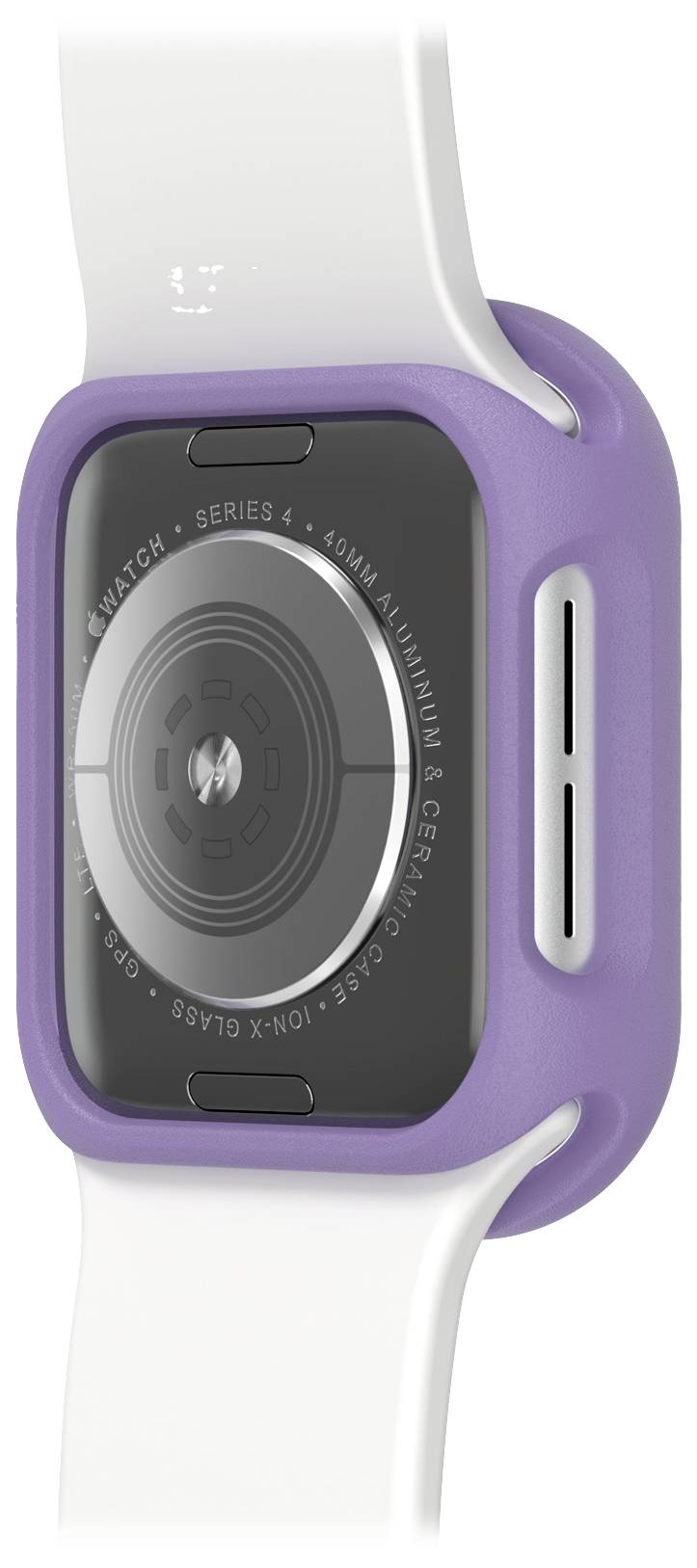 Tylna strona smartwatcha z serii 4, z fioletową obudową i białym paskiem. Widoczne są czujniki oraz informacje o urządzeniu.