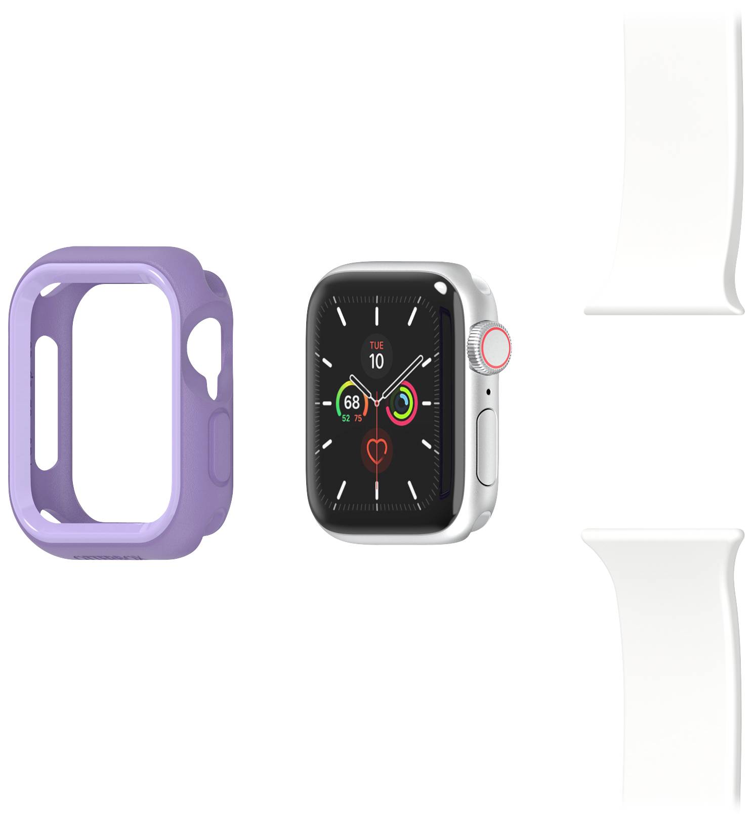 Smartwatch z cyfrową tarczą zegarową i sensorami, fioletowa obudowa po lewej stronie i biały pasek po prawej stronie symbolizują dostosowanie.