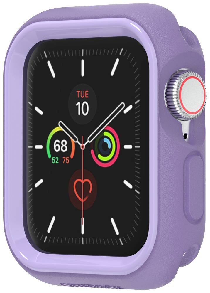 Inteligentny zegarek w fioletowej obudowie wyświetla datę 'Wt 10', częstotliwość pracy serca 68 i pierścienie aktywności na czarnej tarczy.