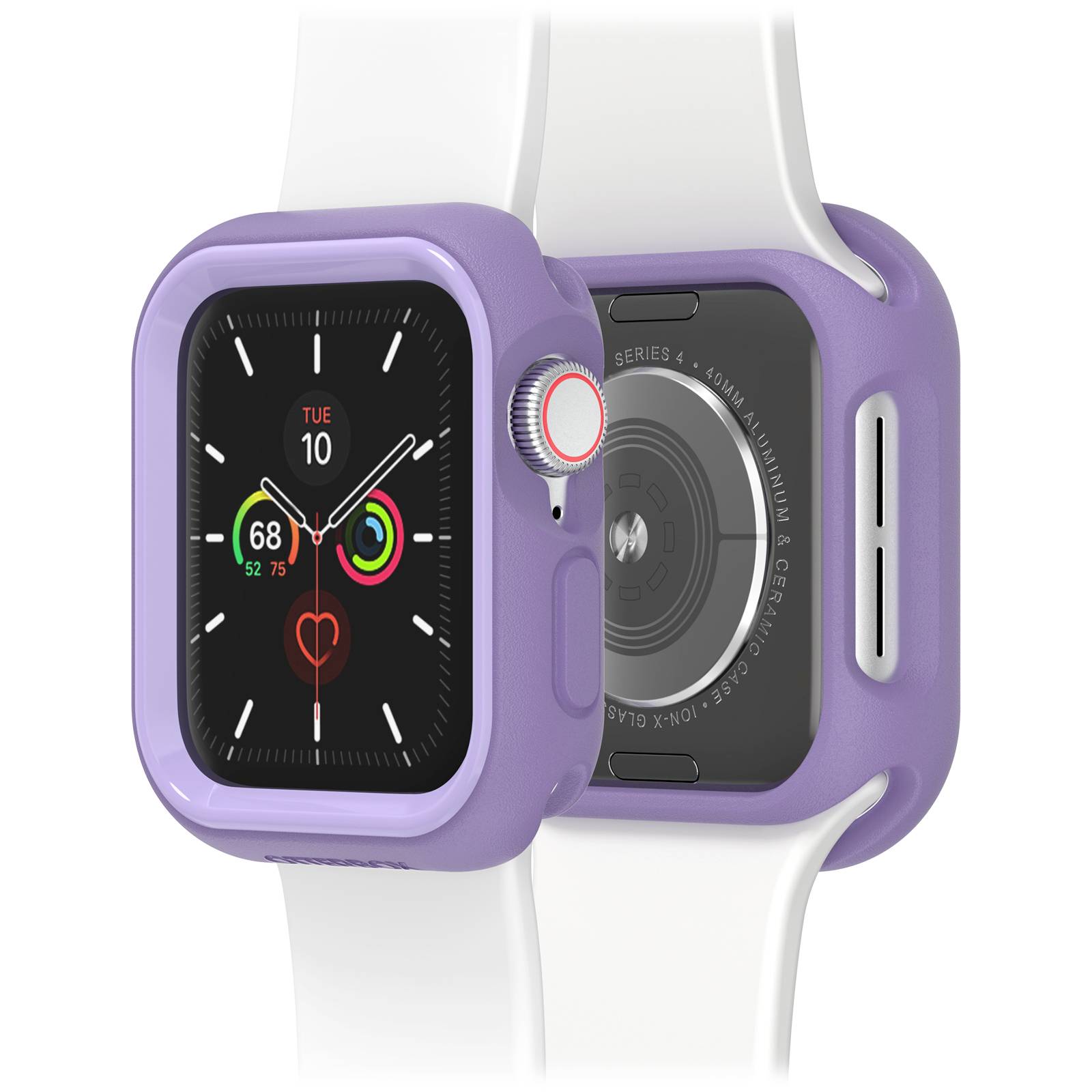 Smartwatch Lila z białym paskiem, wyświetlająca godzinę i pierścienie aktywności.