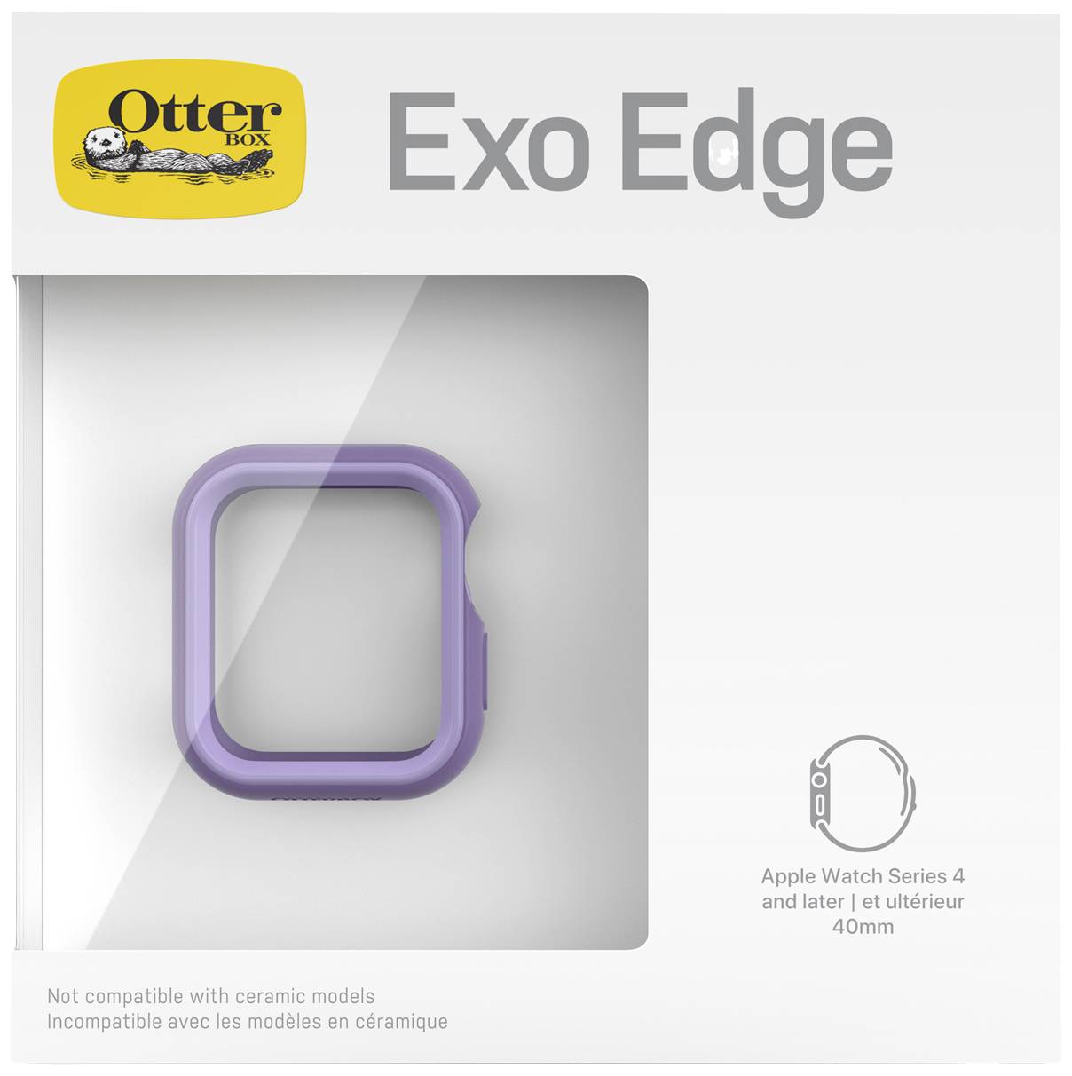Etui OtterBox Exo Edge w kolorze fioletowym dla Apple Watch serii 4 i nowszych, 40 mm. Niekompatybilne z modelami ceramicznymi. Opakowanie prezentuje produkt i logo.