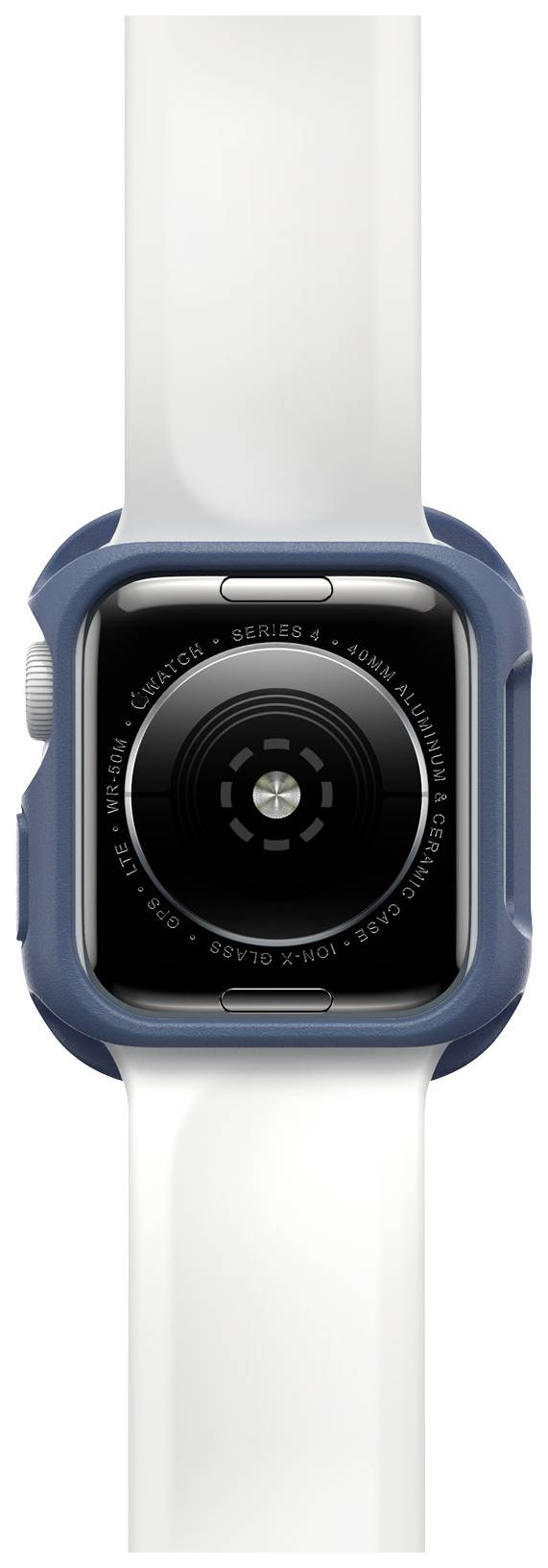 Smartwatch z niebieską obudową i białym paskiem. Urządzenie prezentuje czujniki na tylnej części.