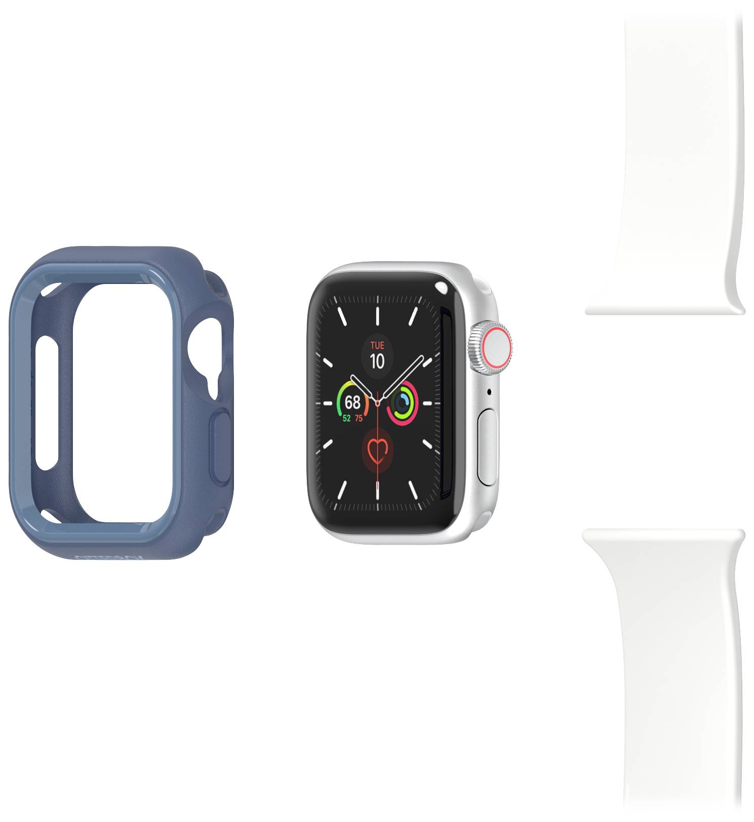 Smartwatch z czarną tarczą i widżetami zdrowotnymi, po lewej stronie niebieskie etui ochronne, po prawej dwie białe opaski.