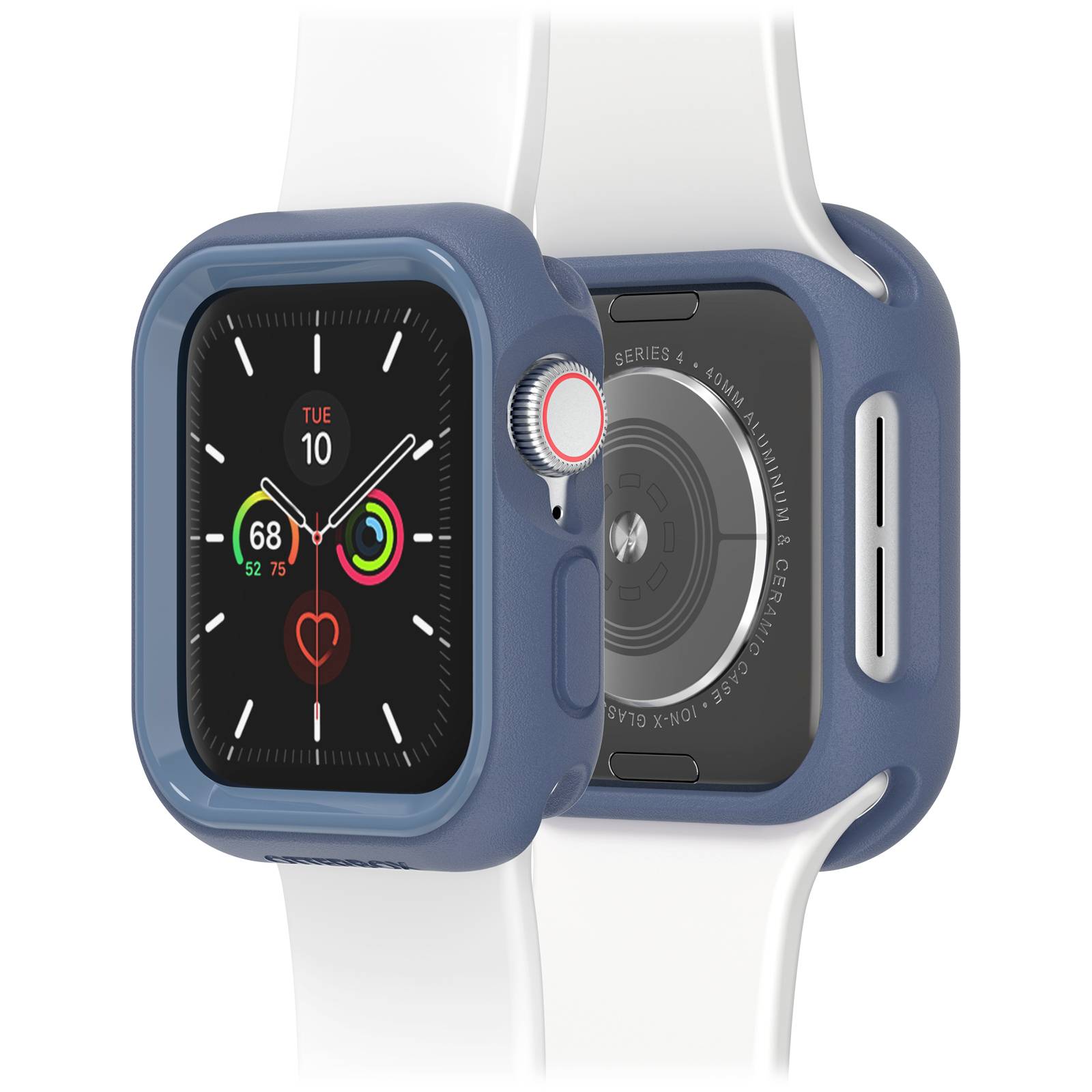 Smartwatch w niebieskim etui z białym paskiem. Na ekranie widać informacje zdrowotne, takie jak tętno.