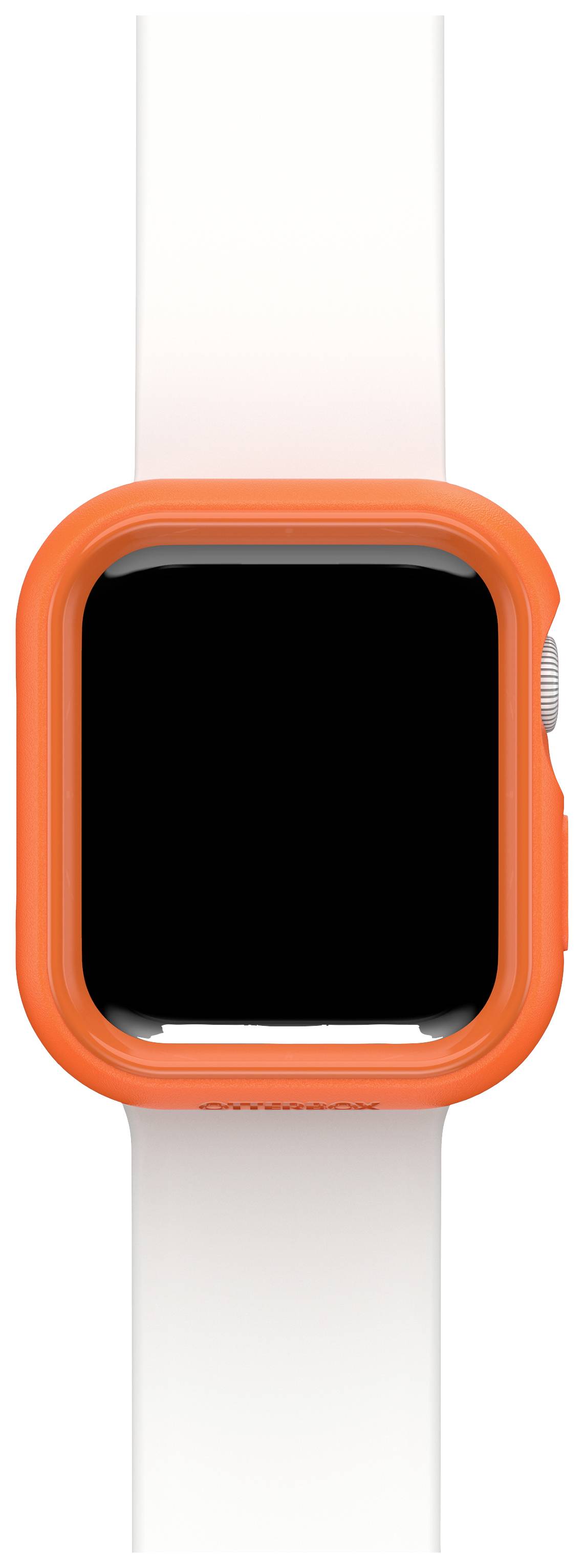 Smartwatch z obudową w kolorze pomarańczowym i białym paskiem; ekran jest czarny i wyłączony, minimalistyczny design.