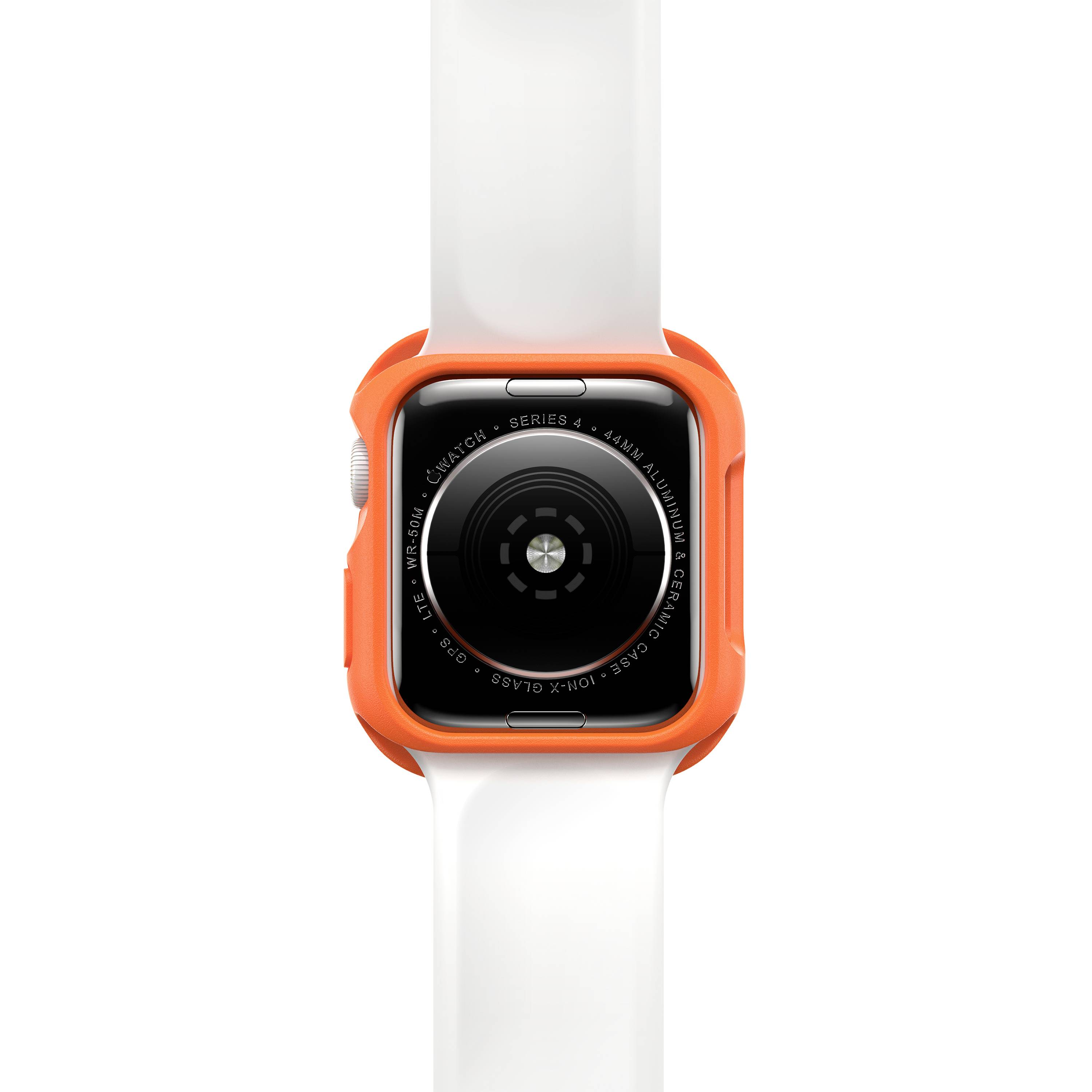 Smartwatch z białym paskiem i pomarańczową obudową leży płasko na białym tle.