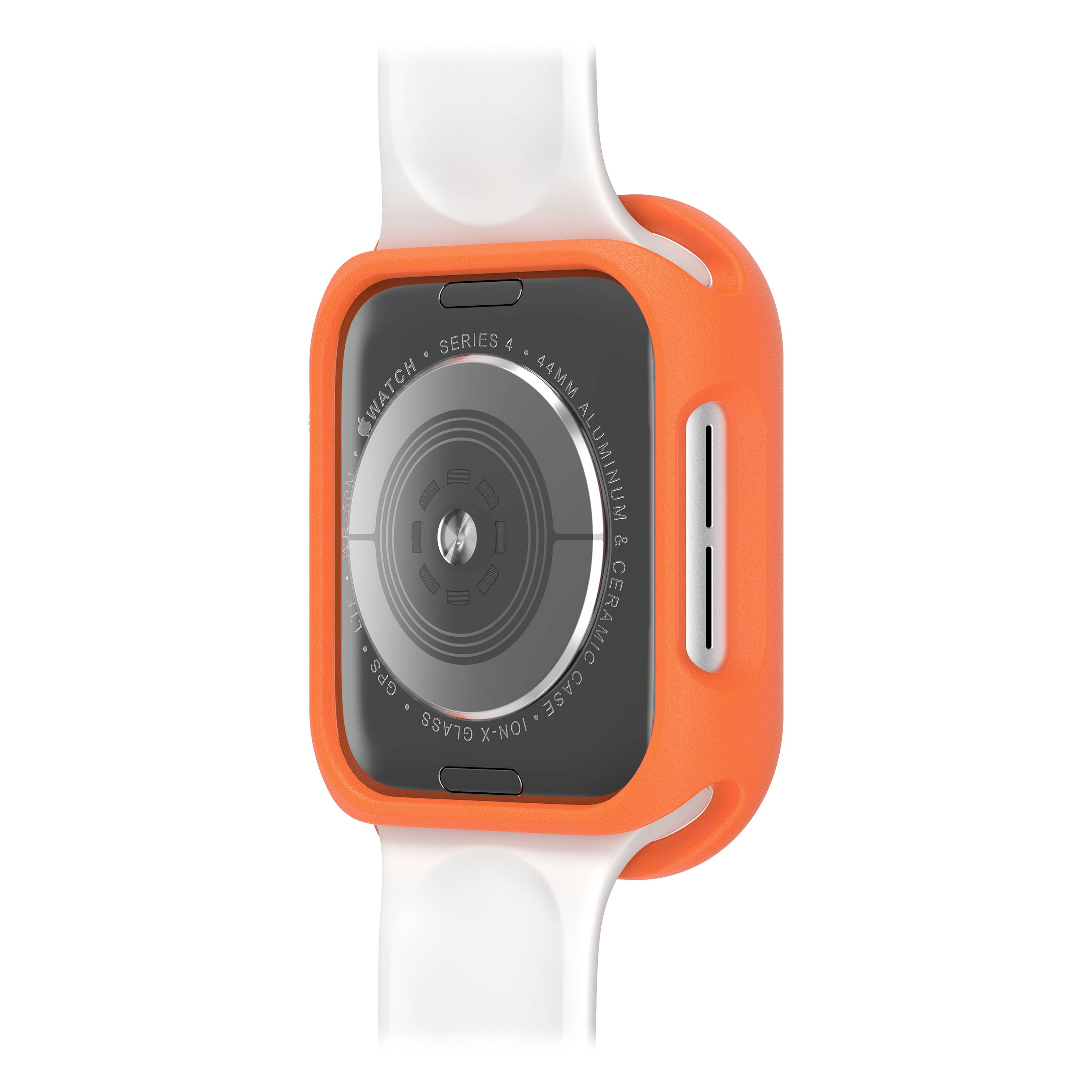 Smartwatch w pomarańczowej obudowie i białym pasku. Widoczna jest jej tylna strona z czujnikami i oznakowaniami.