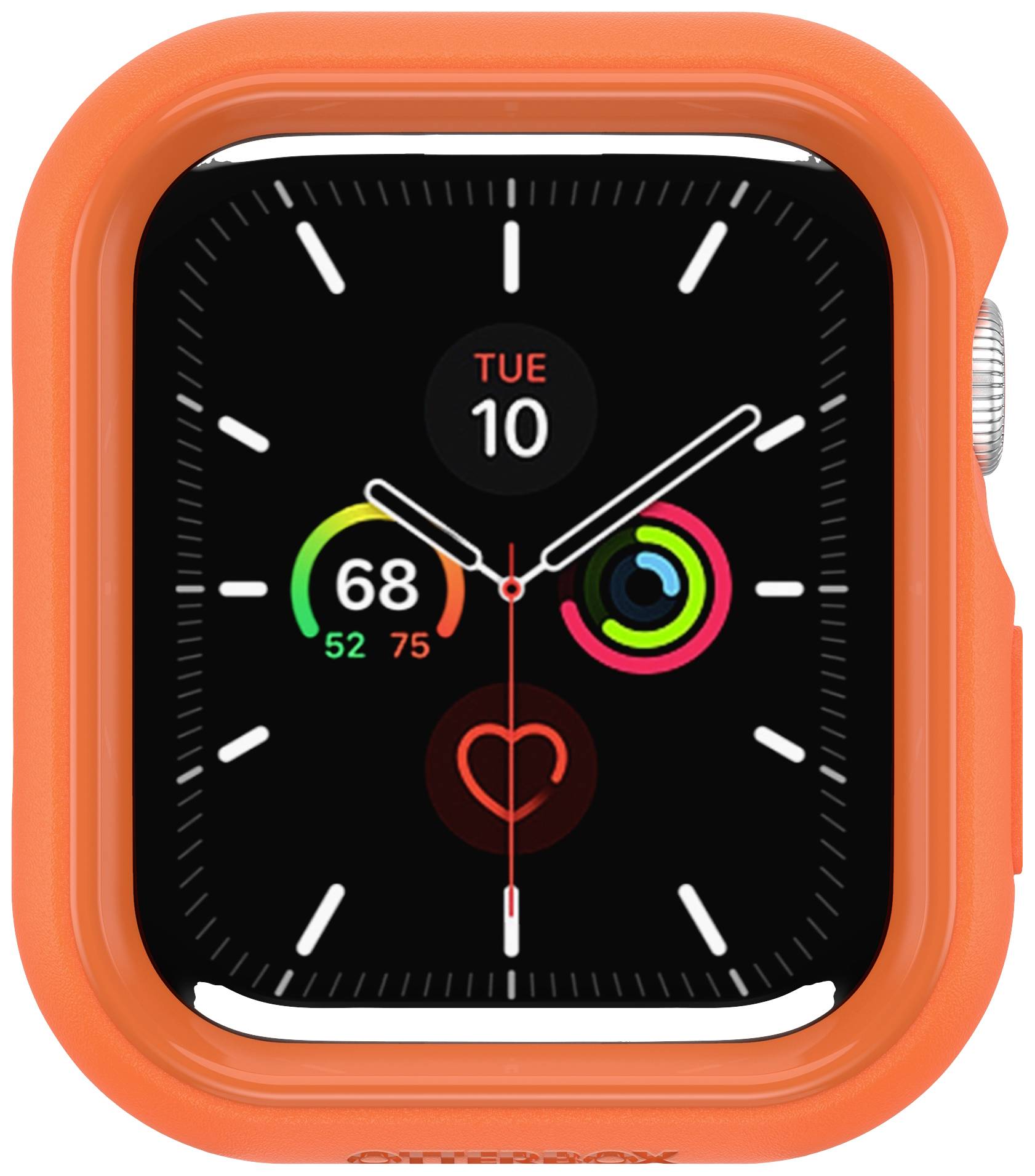 Cyfrowy zegarek z kolorowym wyświetlaczem; pokazuje datę 'Wtorek 10', pierścienie aktywności oraz aktualną częstotliwość akcji serca na czarnej tarczy.