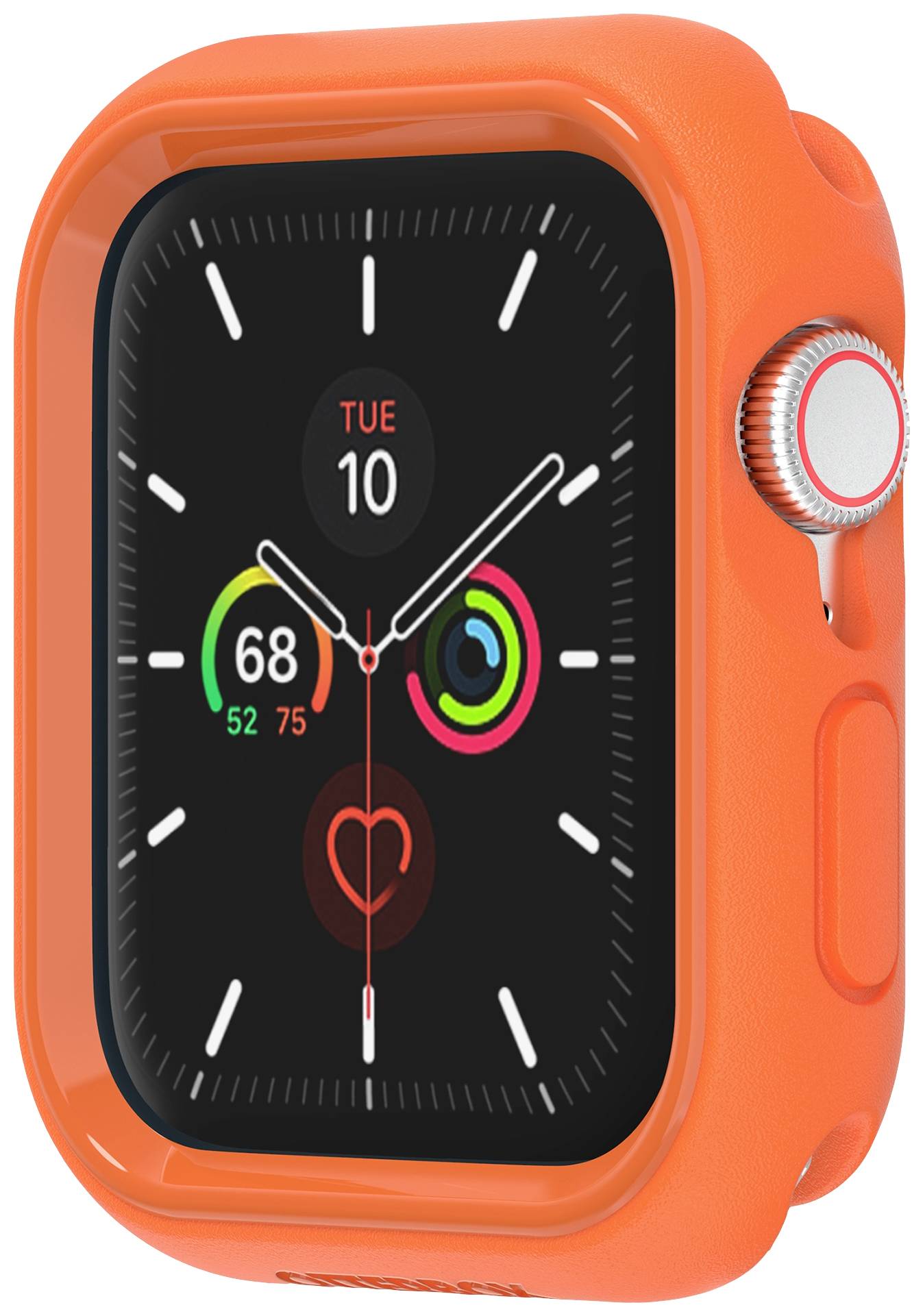 Smartwatch z pomarańczową obudową wyświetla tarczę z datą 'Wt 10', wskaźnikiem tętna oraz pierścieniami aktywności.