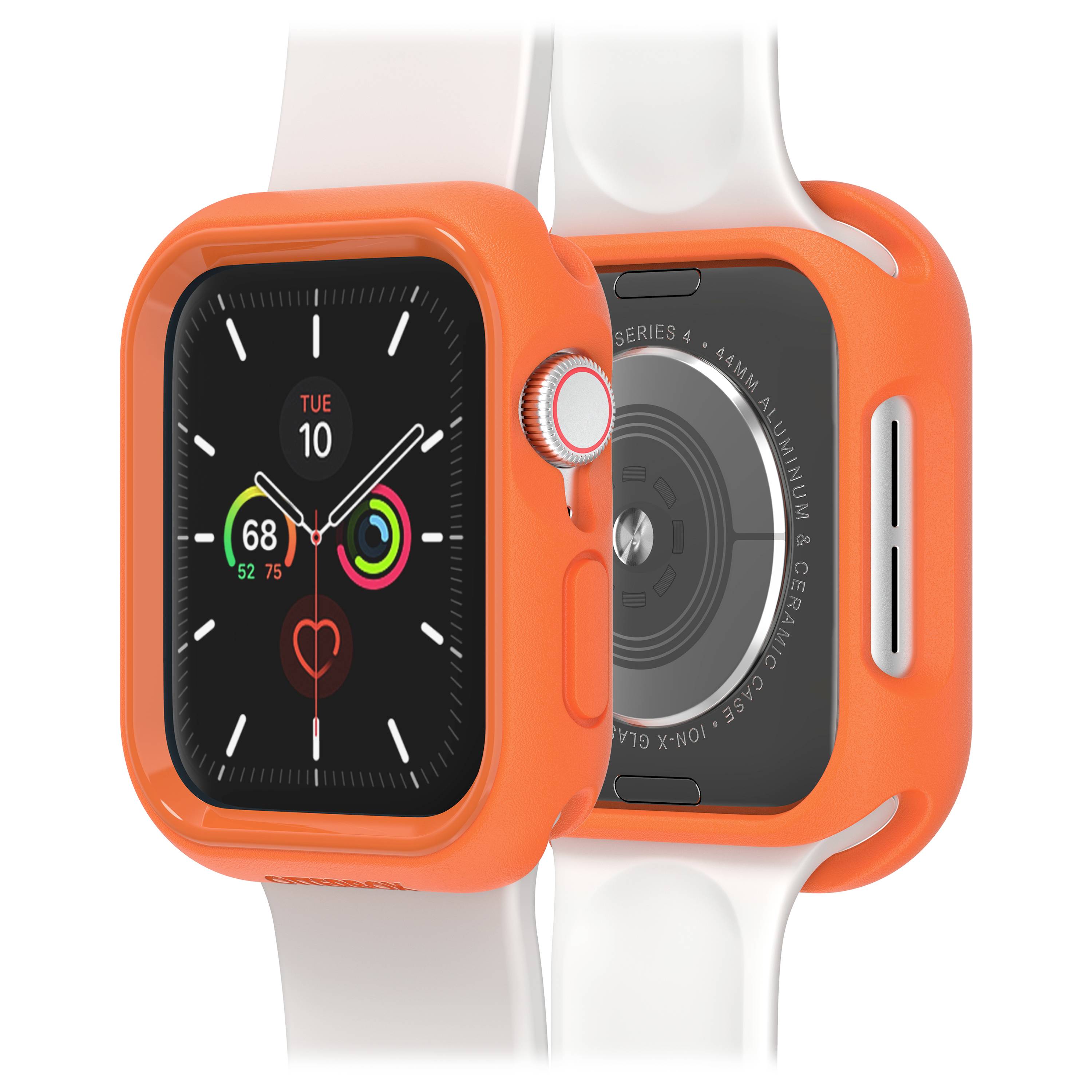 Pomarańczowy smartwatch z białym paskiem, wyświetlający datę i dane zdrowotne na wyświetlaczu. Widoczna tylna strona z czujnikami.