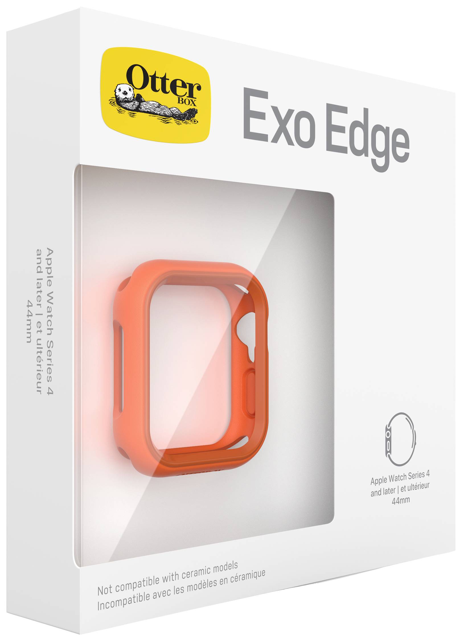 Opakowanie etui ochronnego OtterBox 'Exo Edge' dla Apple Watch, od serii 4 z ekranem 44 mm. Zawiera pomarańczową obudowę.