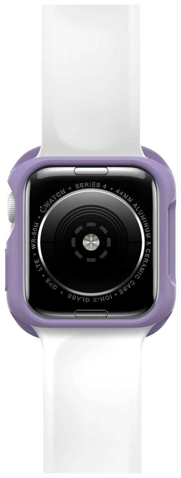 Smartwatch Lila z białym paskiem, tylna strona z widocznymi czujnikami, przedstawiająca szczegóły techniczne, takie jak 'Series 6' i '44mm'.