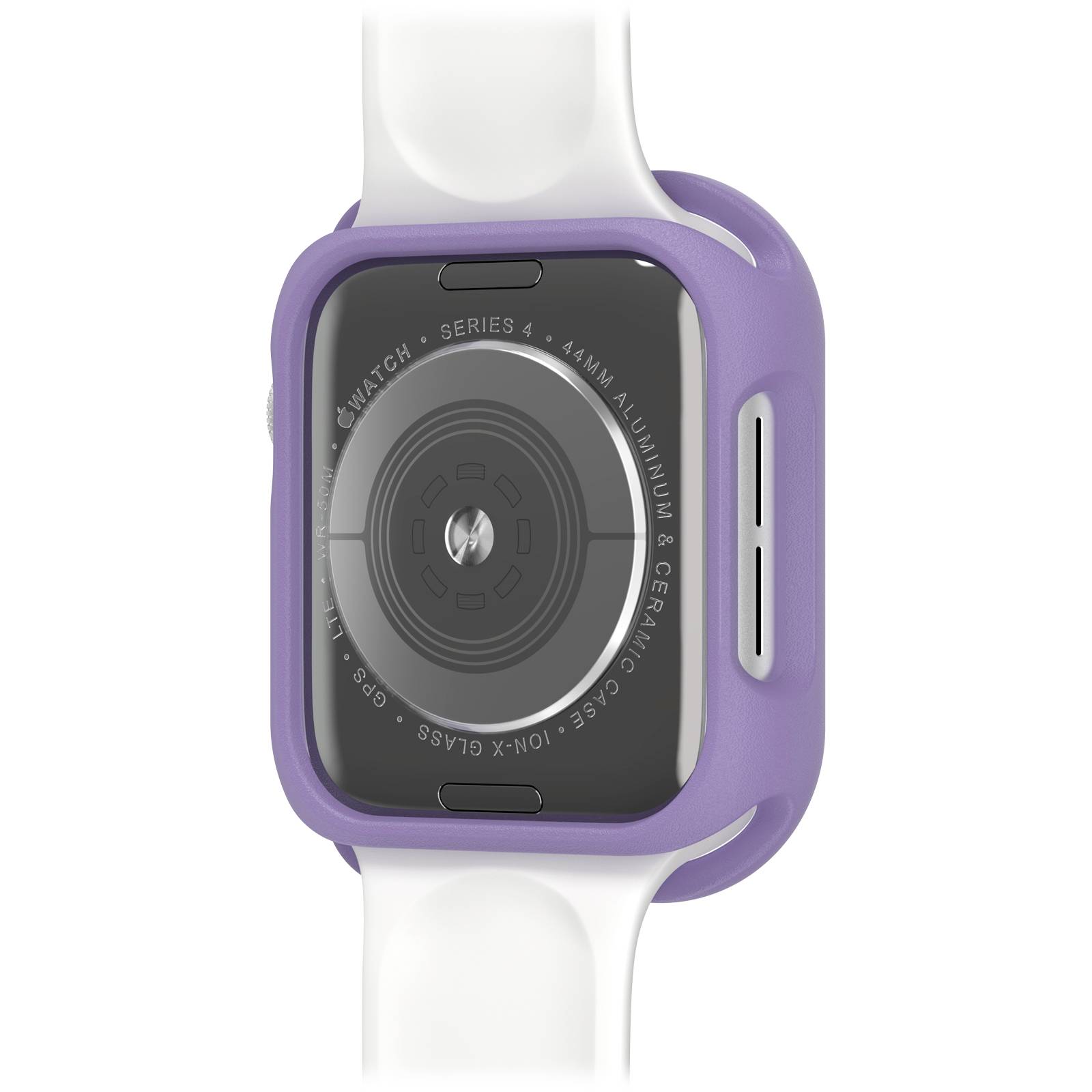 Smartwatch w fioletowym etui z białym paskiem, widok od tyłu, z okrągłymi czujnikami i oznaczeniami modelu.