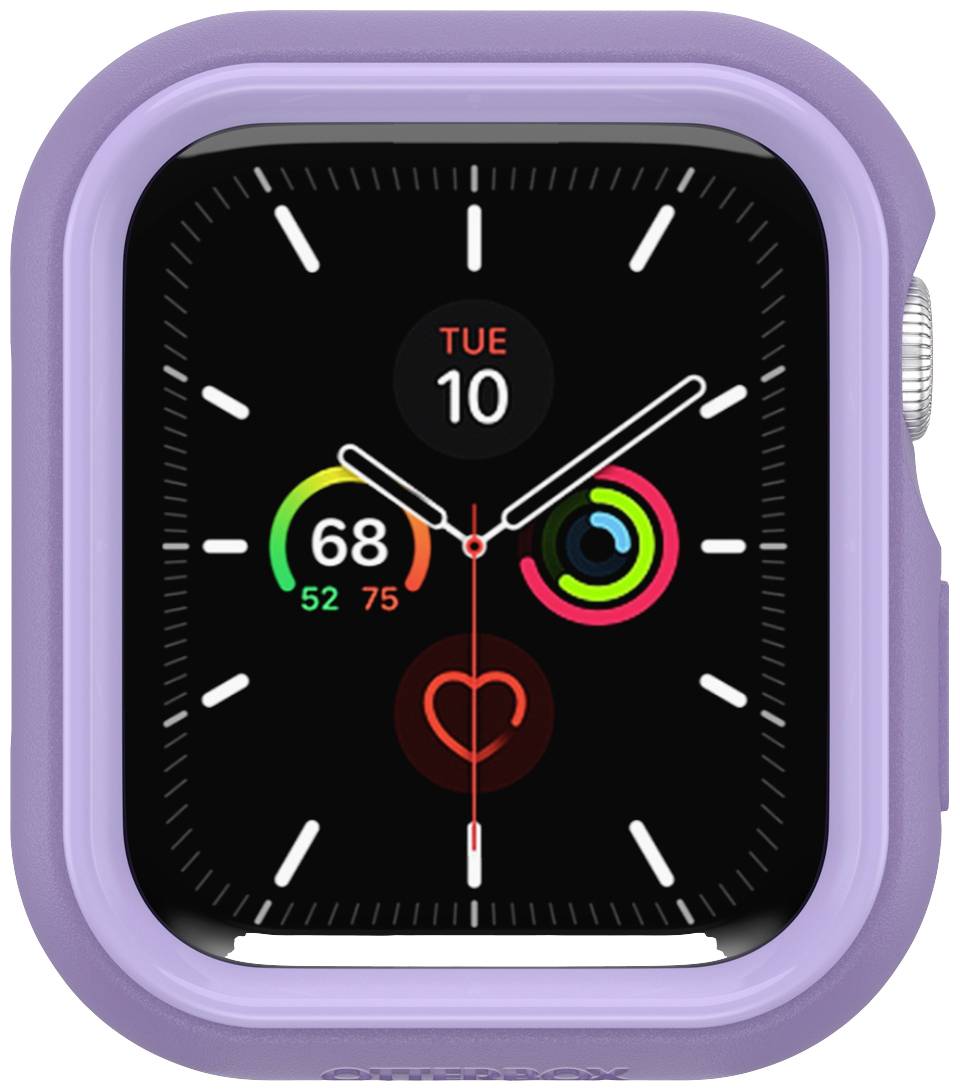 Smartwatch z fioletową obudową wyświetla datę 'Wtorek 10' oraz pierścienie aktywności mierzące kroki, ruch i częstotliwość pracy serca.