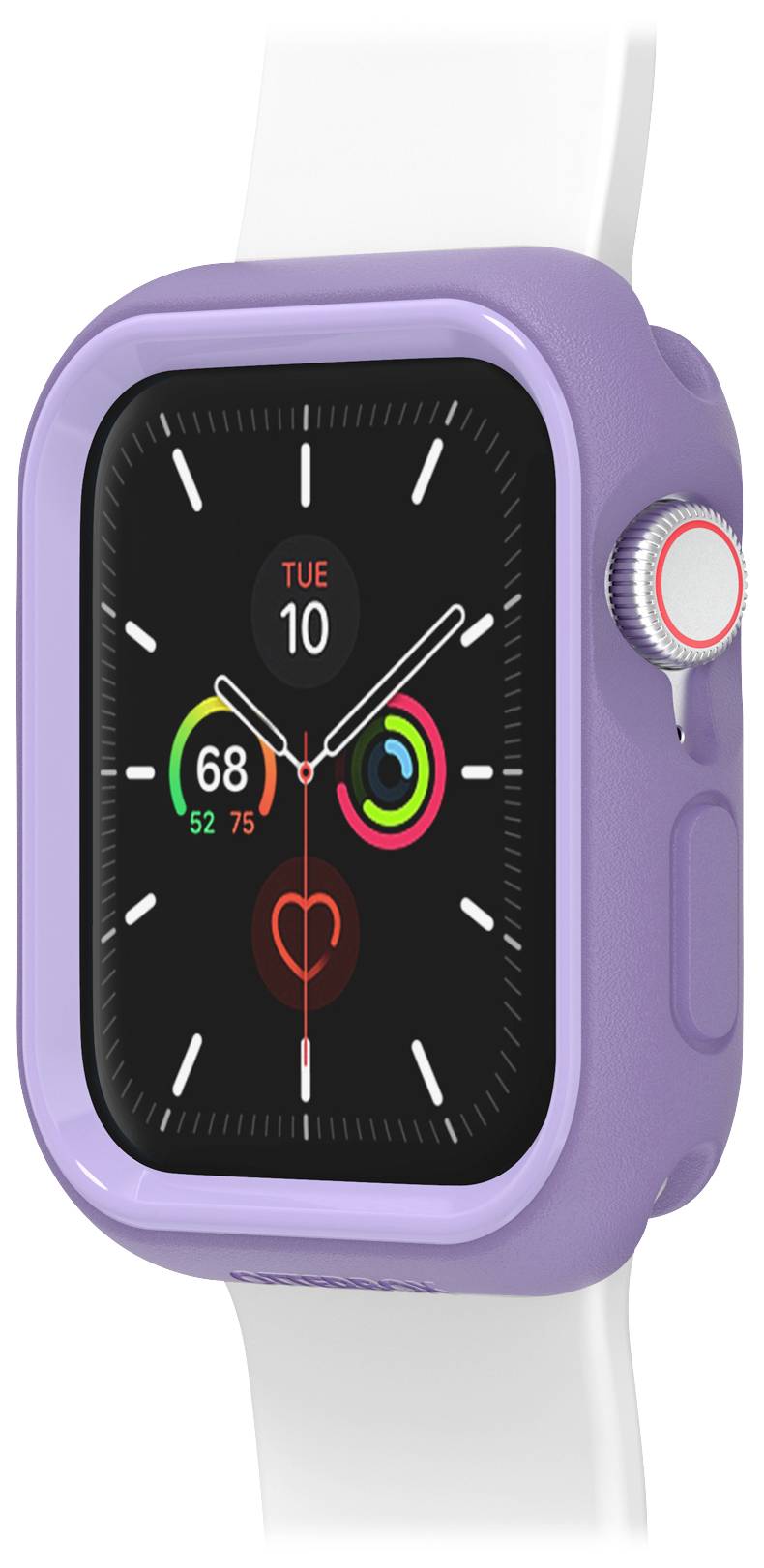 Inteligentny zegarek Lila z białym paskiem wyświetla różne dane fitness na ekranie, w tym datę i wskaźnik częstotliwości tętna.