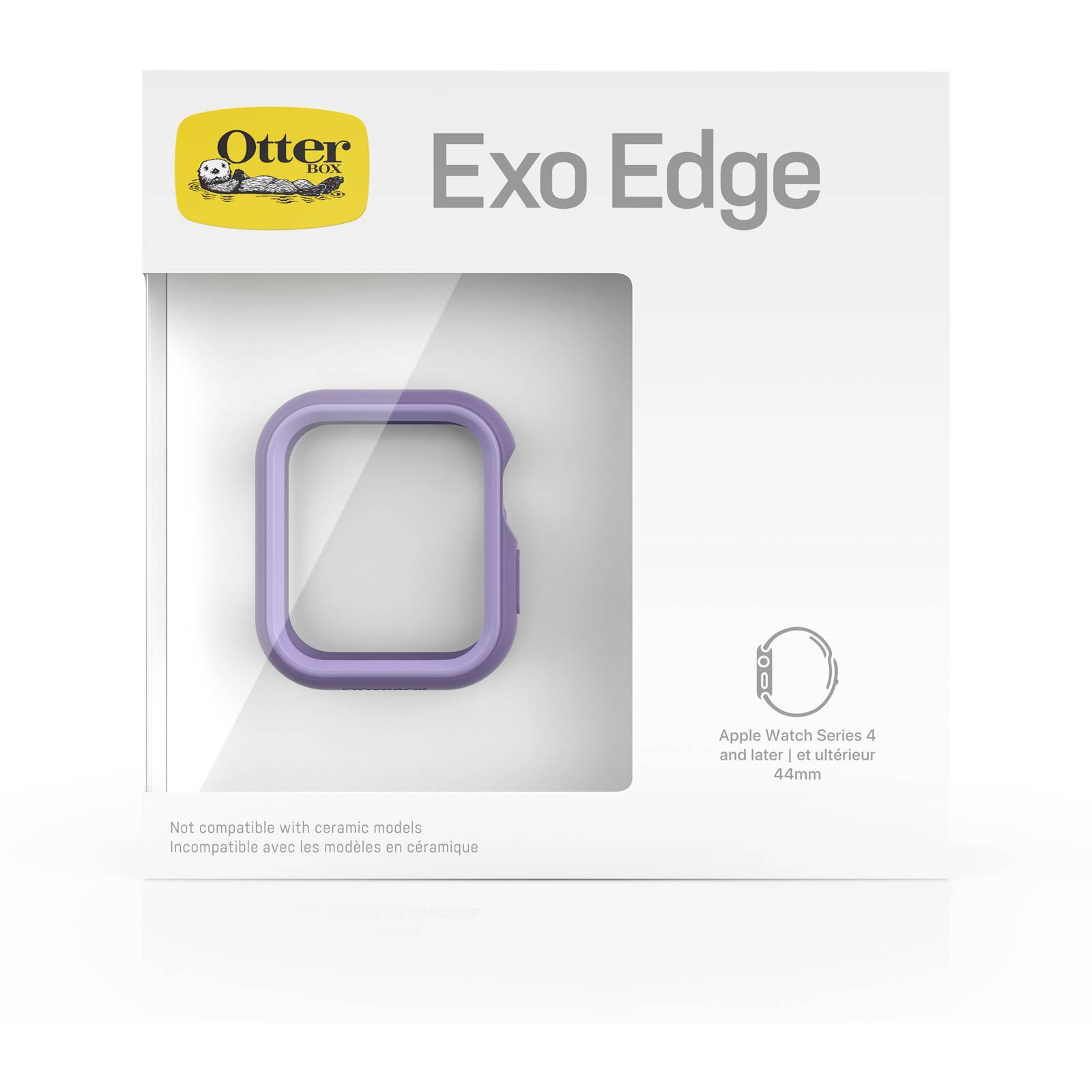 Opakowanie 'Exo Edge' firmy Otter przedstawia fioletowe etui ochronne na Apple Watch Series 4, 44 mm. Niekompatybilne z modelami ceramicznymi.