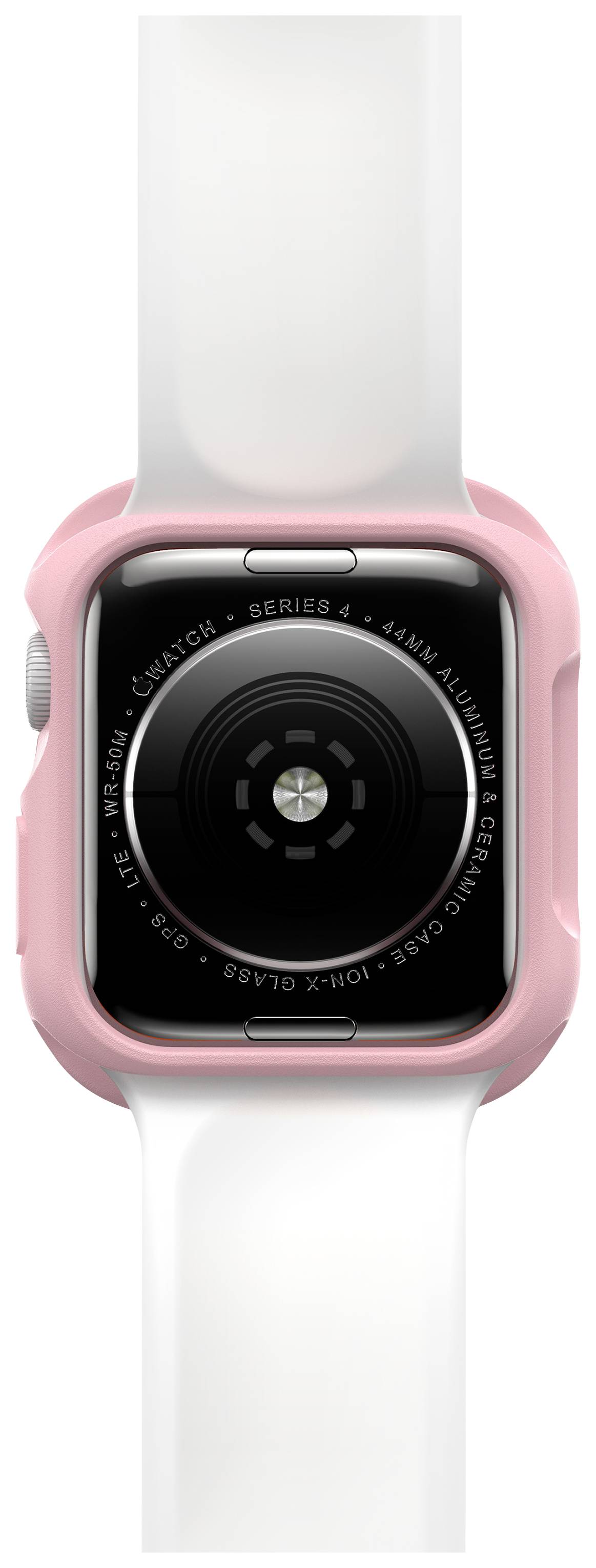 Tylna strona smartwatcha z czujnikami i białym paskiem. Pokrywa jest w kolorze różowym. Odpowiedni do pomiaru tętna i monitorowania zdrowia.