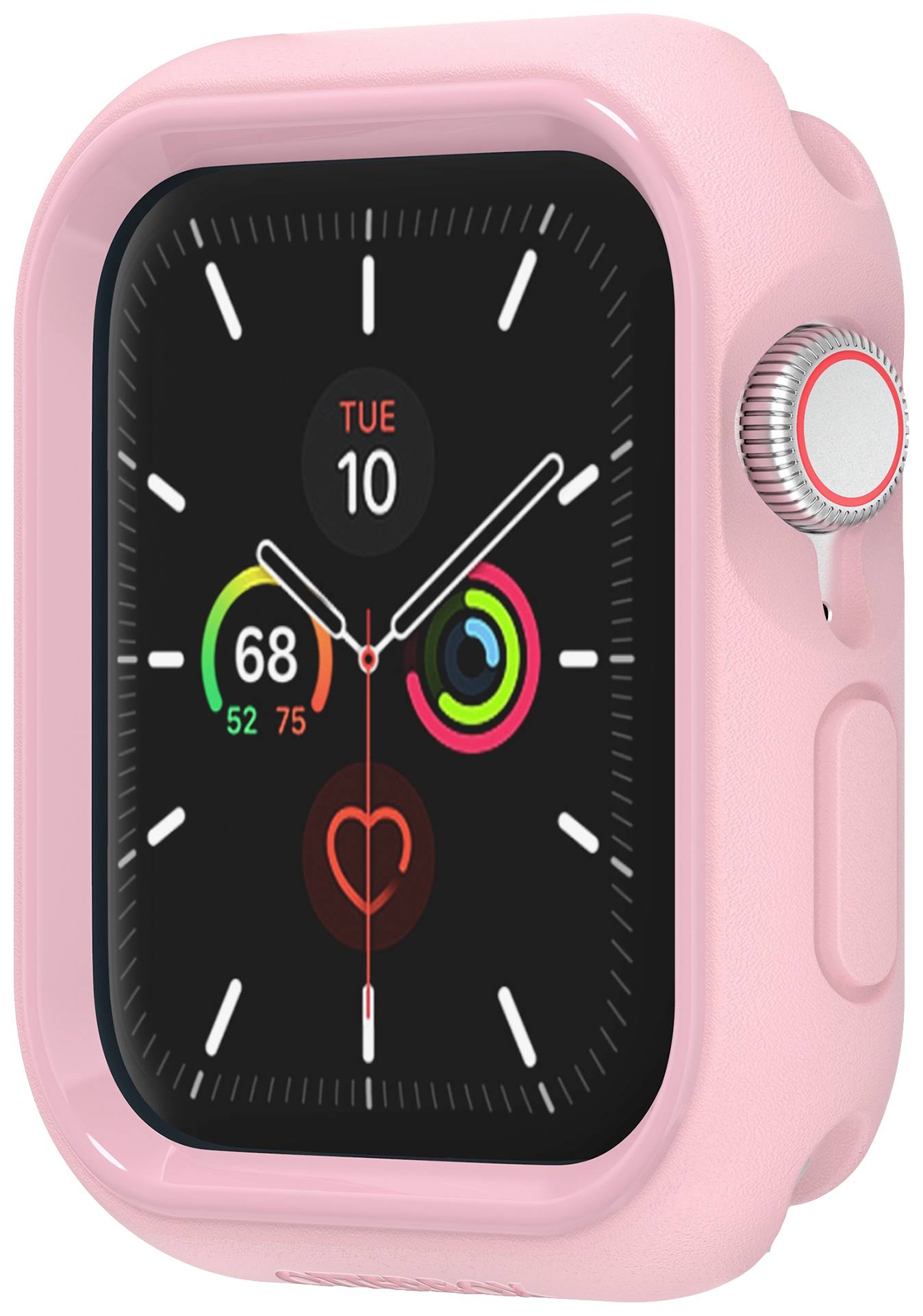 Smartwatch z różową obudową wyświetla godzinę, datę jako wtorek 10., tętno oraz pierścienie aktywności na ekranie.