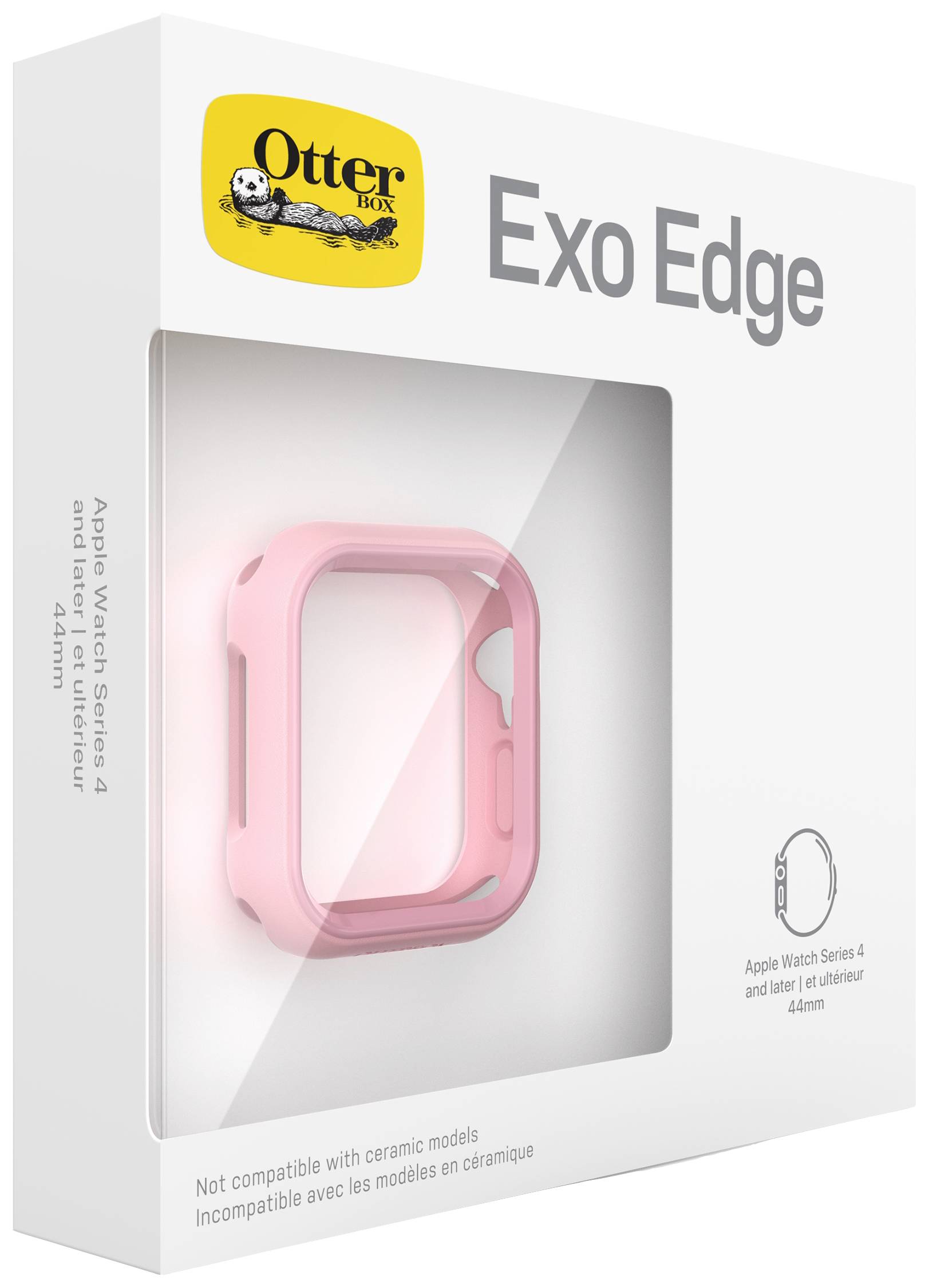 Etui ochronne 'Exo Edge' dla Apple Watch Seria 4, 44 mm, firmy OtterBox. Opakowanie prezentuje różowe etui.