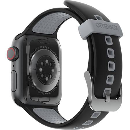 Czarny, elegancki smartwatch z szarym akcentowanym paskiem, z widoczną technologią sensoryczną na tylnej części.